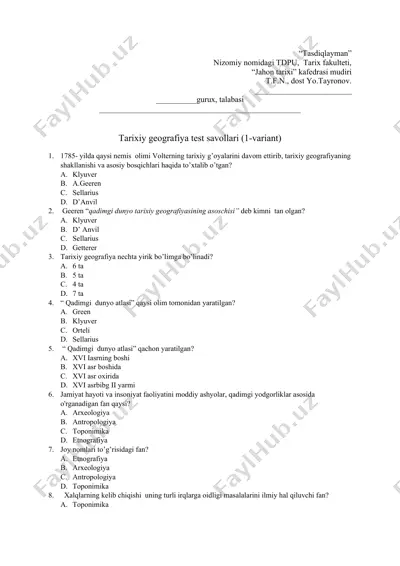 tarixiy geografiya test savollari (1-variant) — DOCX