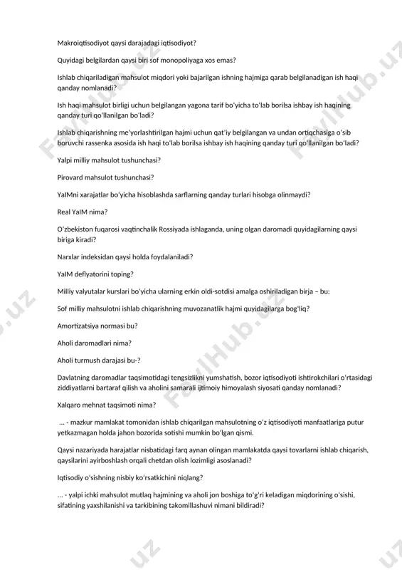 sosida ish haqi to‘lab borilsa ishbay ish haqining qanday turi qo‘llanilgan bo‘ladi? yalpi milliy mahsulot tushunchasi? pirovard mahsulot tushunchasi? yaimni хarajatlar bo‘yicha hisoblashda sarflarning qanday turlari hisobga olinmaydi? real yaim nima? o‘zbekiston fuqarosi vaqtinchalik rossiyada ishlaganda, uning olgan daromadi quyidagilarning qaysi biriga kiradi? narxlar indeksidan qaysi holda foydalaniladi? yaim deflyatorini toping? milliy valyutalar kurslari bo‘yicha ularning erkin oldi-sotdisi amalga oshiriladigan birja – bu: sof milliy mahsulotni ishlab chiqarishning muvozanatlik hajmi quyidagilarga bog‘liq? amortizatsiya normasi bu? aholi daromadlari nima? aholi turmush darajasi bu-? davlatning daromadlar taqsimotidagi tengsizlikni yumshatish, bozor iqtisodiyoti ishtirokchilari o‘rtasidagi ziddiyatlarni bartaraf qilish va aholini samarali ijtimoiy himoyalash siyosati qanday nomlanadi? xalqaro mehnat taqsimoti nima? ... - mazkur mamlakat tomonidan ishlab chiqarilgan mahsulotning o‘z iqtisodiyoti manfaatlariga putur yetkazmagan holda jahon bozorida sotishi mumkin bo‘lgan qismi. qaysi nazariyada harajatlar nisbatidagi farq aynan olingan mamlakatda qaysi tovarlarni ishlab chiqarish, qaysilarini ayirboshlash orqali chetdan olish lozimligi asoslanadi? iqtisodiy o‘sishning nisbiy ko‘rsatkichini niqlang? …
