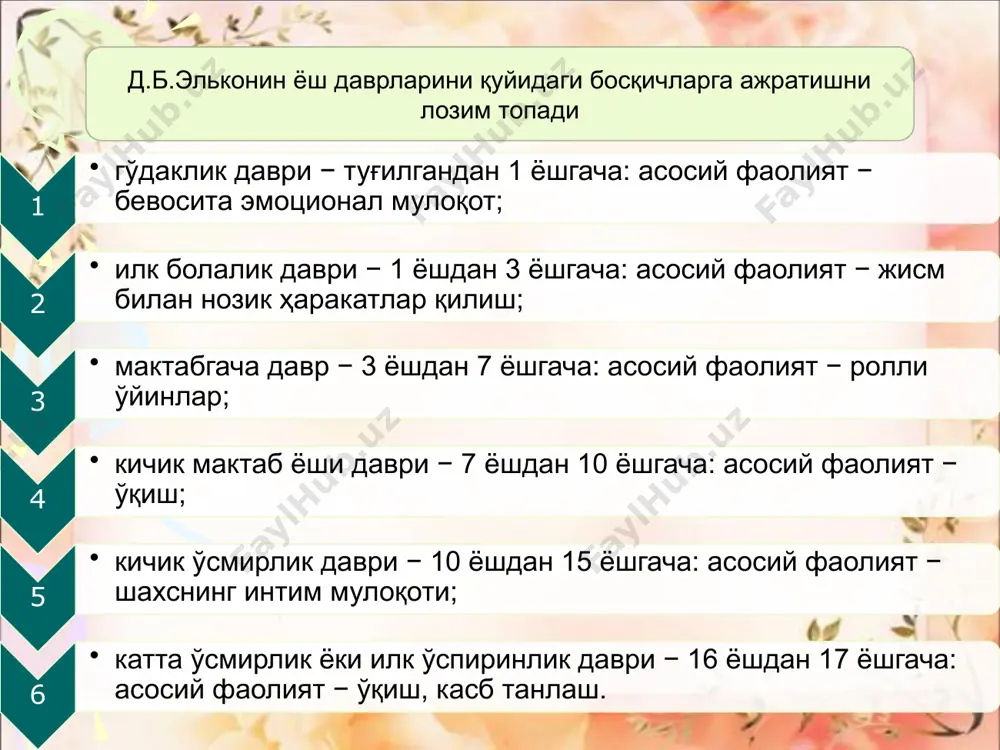 аплашаётган одамга тикилади ва ихтиёрсиз хатти-ҳаракатдан ўзини тийиб туради с.фаянс тажрибасида гўдакка чиройли ва жозибадор ўйинчоқлар 9 см масофадан кўрсатилганда у бутун вужуди билан уларга интилган, кейинчалик оралиқ 60 см бўлганида боланинг интилиши, қўл чўзиши, сустлашган, ва ниҳоят, улар 100 см дан кўрсатилганда болада интилиши, чўзилиши, ихтиёрсиз ҳаракати мутлақо сўнган. . у ўйинчоқ билан бир қаторда турган катта кишига ҳам ана шундай бефарқ қараган. масофа қанчалик қисқарса, боланинг унга интилиши, қизиқиши шунчалик кучайиб боришини кузатиш мумкин. гўдакни қуршаб турган жисмлар борган сари унинг нигоҳини ўзига тортиб, мафтун қилиб, қўзғатувчи вазифасини бажариб, боланинг қидириш, мўлжал олиш, чамалаш фаолиятини кучайтиришга хизмат қилади. тадқиқотчи а.в.ярмоленко ярим ёшлик гўдакларда жозибали нарсаларнинг ўзаро қиёсий таснифини тадқиқ қилган. муаллиф олган маълумотларга қараганда, гўдак беҳисоб жисмлар орасида инсонни (катта ёшли одамларни) тобора аниқроқ, равшанроқ ажрата бошлаган. шу билан бирга ҳаракатсиз кўрув қўзғатувчисига диққатни тўплаш 26 секунддан 37 секундгача, ҳаракат қилмаётган одамга боланинг тикилиши 34 секунддан 111 секундгача, …