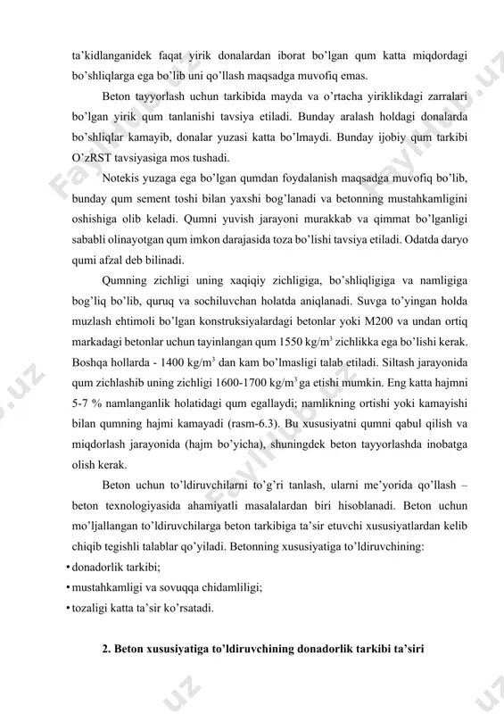 ek beton tayyorlashda inobatga olish kerak. beton uchun to’ldiruvchilarni to’g’ri tanlash, ularni me’yorida qo’llash – beton texnologiyasida ahamiyatli masalalardan biri hisoblanadi. beton uchun mo’ljallangan to’ldiruvchilarga beton tarkibiga ta’sir etuvchi xususiyatlardan kelib chiqib tegishli talablar qo’yiladi. betonning xususiyatiga to’ldiruvchining: · donadorlik tarkibi; · mustahkamligi va sovuqqa chidamliligi; · tozaligi katta ta’sir ko’rsatadi. 2. beton xususiyatiga to’ldiruvchining donadorlik tarkibi ta’siri donadorlik tarkib to’ldiruvchidagi turli yiriklikdagi donalar miqdorini ko’rsatadi. bu miqdorni to’ldiruvchidan olingan namunani teshiklari 0,14-70 mm va undan ham yirikroq standart elaklardan o’tkazib aniqlanadi. to’ldiruvchilar turli o’lchamdagi donalarga ega odatdagi va fraksiyalangan turlariga bo’linadi. fraksiyalangan to’lidiruvchining donalari alohida fraksiyalarga ajralgan, o’lchamlari esa bir-birlariga yaqin, masalan 5-10 mm yoki 20-40 mm dan iborat. to’ldiruvchini eng kichik yiriklikdagi yoki eng katta yiriklikdagilari bo’yicha xarakterlaydilar. bu holda to’ldiruvchi donalarining nisbatan eng kichik yoki eng katta o’lchamlariga qarab tushuniladi. to’ldiruvchida alohida yirik yoki mayda donalar uchrashi mumkin, biroq ularning miqdori 5 % dan oshmasligi kerak. agarda …