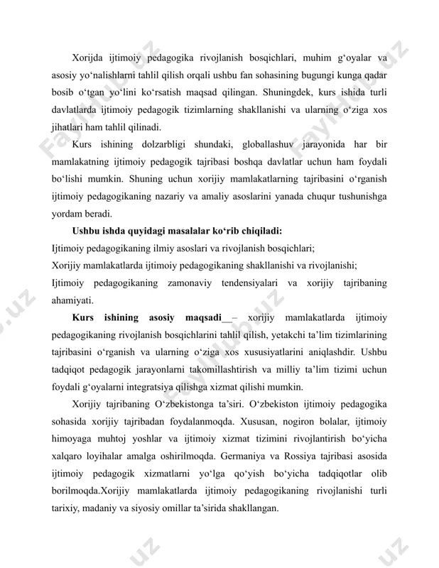 s xususiyatlarini aniqlashdir. ushbu tadqiqot pedagogik jarayonlarni takomillashtirish va milliy ta’lim tizimi uchun foydali g‘oyalarni integratsiya qilishga xizmat qilishi mumkin. xorijiy tajribaning o‘zbekistonga ta’siri. o‘zbekiston ijtimoiy pedagogika sohasida xorijiy tajribadan foydalanmoqda. xususan, nogiron bolalar, ijtimoiy himoyaga muhtoj yoshlar va ijtimoiy xizmat tizimini rivojlantirish bo‘yicha xalqaro loyihalar amalga oshirilmoqda. germaniya va rossiya tajribasi asosida ijtimoiy pedagogik xizmatlarni yo‘lga qo‘yish bo‘yicha tadqiqotlar olib borilmoqda.xorijiy mamlakatlarda ijtimoiy pedagogikaning rivojlanishi turli tarixiy, madaniy va siyosiy omillar ta’sirida shakllangan. hozirgi kunda global muammolarni hal qilishda ijtimoiy pedagogikaning o‘rni tobora ortib bormoqda. ushbu tajribani o‘rganish va milliy tizimga moslashtirish ijtimoiy sohadagi muammolarni samarali hal qilishga yordam beradi. o‘zbekiston ijtimoiy pedagogika sohasini rivojlantirish, ijtimoiy himoyaga muhtoj qatlamlarni qo‘llab-quvvatlash va ta’lim tizimini takomillashtirish bo‘yicha muhim qadamlarni tashlamoqda. mamlakatda qabul qilingan qonunlar, davlat dasturlari va strategiyalar ijtimoiy pedagogikaning huquqiy asosini mustahkamlaydi va uning amaliyotga tatbiq etilishiga imkon yaratadi. ijtimoiy pedagogikaning amaliyotda rivojlanishi, o‘zbekistonda ijtimoiy pedagogika sohasi hali to‘liq shakllanmagan …
