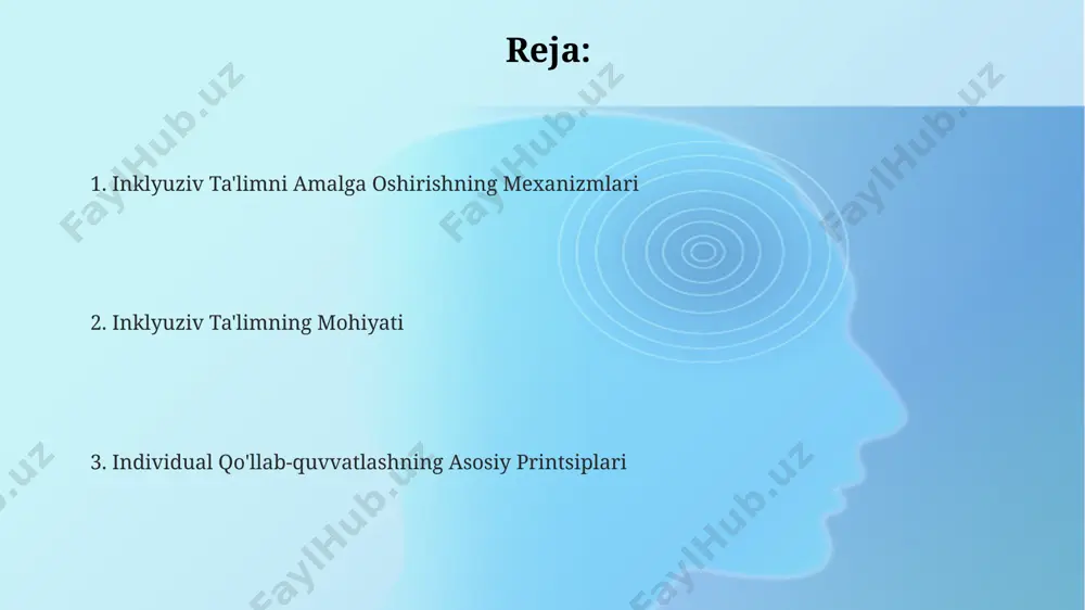 ol ishtiroki, bolaning 3 ta asosiy rivojlanish sohasidagi kuchli va kuchsiz tomonlarini aniqlashga yordam beradi. qo'llab-quvvatlash xizmatlarini tashkil etish qo'llab-quvvatlash xizmatlarini tashkil etishda kamida 3 ta mutaxassis (defectolog, psixolog, o'qituvchi)dan iborat individual reja ishlab chiqish zarur, bu 5-10 yoshdagi bolalar uchun alohida ahamiyatga ega. qo'llab-quvvatlash xizmatlari individual ehtiyojlarga moslashtirilishi kerak, masalan, o'qish qobiliyatini rivojlantirish uchun 2-3 soatlik qo'shimcha mashg'ulotlar yoki ijtimoiy moslashuv uchun guruhlarga qo'shilishni nazarda tutishi mumkin. samarali qo'llab-quvvatlash uchun resurslarni (texnologiyalar, materiallar, moliyaviy mablag'lar) taqsimlash va 70% dan ortiq muvaffaqiyatli natijalarga erishish uchun muntazam monitoring o'tkazish muhim. inklyuziv ta'lim tushunchasining mohiyati inklyuziv ta'limning asosiy printsiplari – farqlash, moslashtirish va qoʻllab-quvvatlash boʻlib, 3 ta asosiy tarkibiy qismga ega: o'quv rejasi, o'qitish usullari va baholash tizimini moslashtirish orqali amalga oshiriladi. inklyuziv ta'lim, kamida 10% oʻquvchilarning maxsus ehtiyojlarini qondiradigan, individualizatsiyalashgan yondashuvni talab qiladigan ta'lim tizimidir va bu barcha bolalarning teng imkoniyatlarga ega boʻlishini ta'minlaydi. inklyuziv ta'lim samaradorligini 20-30% ga oshirish uchun …
