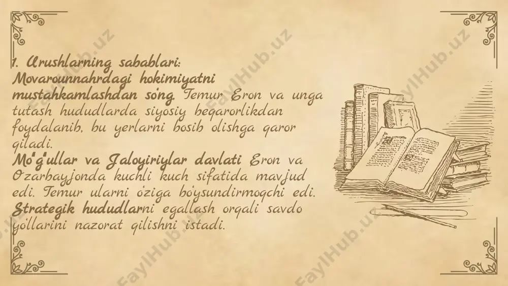 affaqiyatlari va ta'siri. zamonaviy o'zbekiston, 2017, 45-52. 5. abdullayev, m. (2019). temuriylar davridagi urushlar va ularning tarixiy ahamiyati. o'zbekiston konstitutsiyasi va tarixi, 2019. e'tiboringiz uchun rahmat! designed by slides carnival image3.jpg image4.png image10.png image17.jpg image6.png image7.png image2.png image8.jpg image18.jpg image9.jpeg image1.jpg