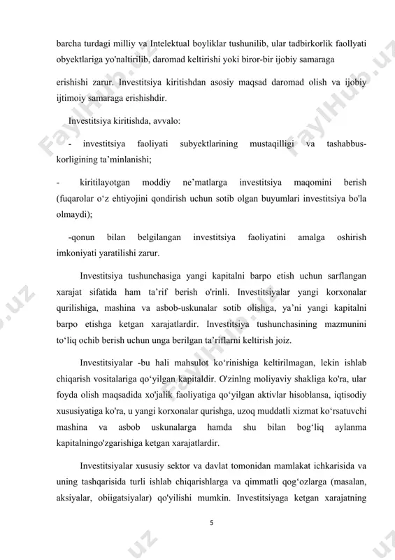 titsiyalar -bu hali mahsulot ko‘rinishiga keltirilmagan, lekin ishlab chiqarish vositalariga qo‘yilgan kapitaldir. o'zinlng moliyaviy shakliga ko'ra, ular foyda olish maqsadida xo'jalik faoliyatiga qo‘yilgan aktivlar hisoblansa, iqtisodiy xususiyatiga ko'ra, u yangi korxonalar qurishga, uzoq muddatli xizmat ko‘rsatuvchi mashina va asbob uskunalarga hamda shu bilan bog‘liq aylanma kapitalningo'zgarishiga ketgan xarajatlardir. investitsiyalar xususiy sektor va davlat tomonidan mamlakat ichkarisida va uning tashqarisida turli ishlab chiqarishlarga va qimmatli qog‘ozlarga (masalan, aksiyalar, obiigatsiyalar) qo'yilishi mumkin. investitsiyaga ketgan xarajatning miqdori ikki omilga bog‘liq: birinchisi - sof foydaning kutilayotgan me’yori, qaysiki uni tadbirkorlar investitsiyaga ketgan xarajatlaridan olishni mo‘ ljallaydi; ikkinchlsi - foiz stavkasi. agarda, kutilayotgan foyda me’yori foiz stavkasidan yuqori bo‘lsa, investitsiyalash foydali va aksincha, foiz stavkasi kutilayotgan foyda me’yoridan yuqori bo'lsa, investitsiyalash foydali bo‘lmay qoladi. investitsiya xarajatlari foyda keltirishini anlqlashda nominal foiz stavkasi emas, balki real foiz stavkasi hisobga olinadi. real foiz stavkasi narxlar darajasining o‘zgarishini aks ettirib, nominal stavkadan inflyatsiya darajasining ayirmasi ko'rinishida aniqlanadi. masalan, …