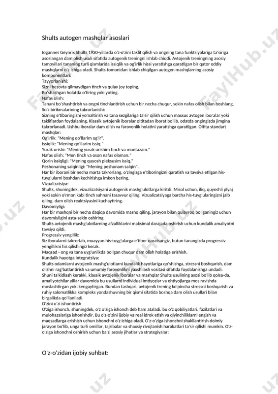 ba'zida u stressni boshqarish dasturlari va psixoterapiyaning bir qismi sifatida kiritilgan. texnika an'anaviy tibbiy muolajalarga qo'shimcha yondashuv sifatida qabul qilindi. kengroq qabul qilish va o'zgarishlar (1990-yillardan hozirgi kungacha): avtojenik trening turli xil sharoitlarda, jumladan sog'liqni saqlash, psixologiya va sportda qo'llanila boshlandi. usul turli amaliyotchilar tomonidan muayyan populyatsiyalar ehtiyojlariga moslashtirilgan va o'zgartirilgan. bundan tashqari, boshqa dam olish texnikasi va zehnlilik amaliyotlari elementlarini o'z ichiga olgan autogenik treningning o'zgarishlari paydo bo'ldi. tadqiqot va dalillarga asoslangan amaliyot: yillar davomida autogenik treningning samaradorligini o'rganish uchun tadqiqotlar olib borildi. ba'zi tadqiqotlar stressni kamaytirish, tashvish va ba'zi tibbiy holatlarga ijobiy ta'sir ko'rsatadigan bo'lsa-da, uning samaradorligini aniq aniqlash uchun ko'proq tadqiqotlar talab etiladi. avtojenik trening ko'pincha salomatlik va ruhiy salomatlikka yaxlit yondashuvning bir qismi sifatida qo'llaniladi. avtojenik trening bugungi kunda mavjud bo'lgan ko'plab dam olish usullaridan biri bo'lib qolmoqda va odamlar uni shaxsiy imtiyozlar va dam olish va farovonlikni oshirish uchun qabul qilingan foydalari asosida tanlashlari mumkin. …