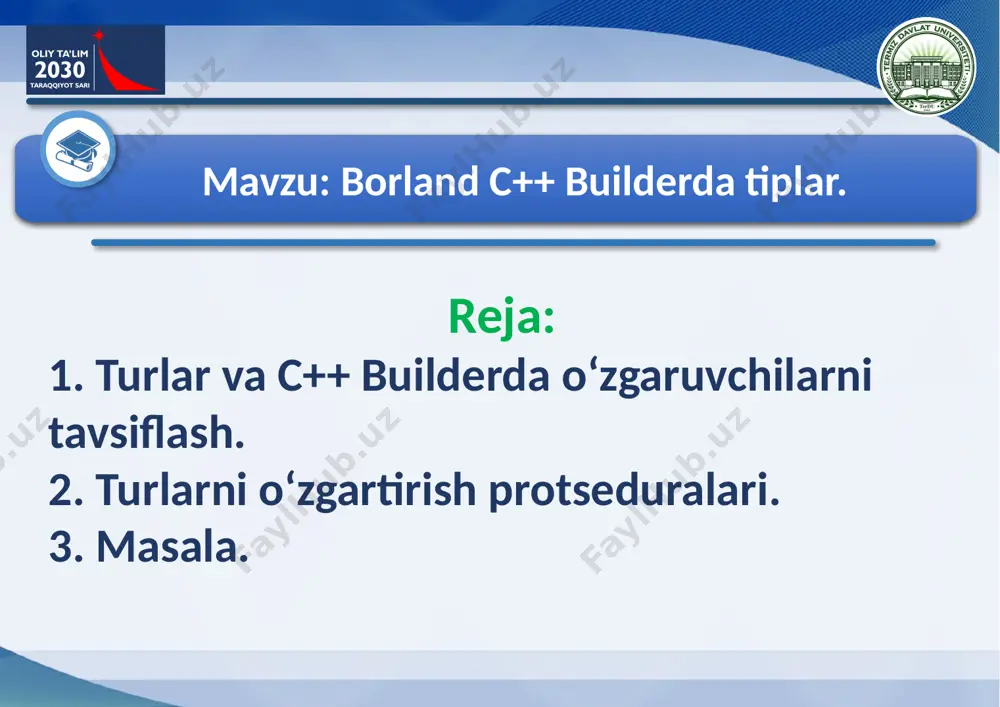ha kompyuterlar uchun to‘g‘ri emas. asosiy turlarga const so‘zini qo‘shib tavsiflash mumkin. bu boshlang‘ich turga shu turning o‘zini beradi, faqat bu holatda const turidagi o‘zgaruvchilarning qiymatlari initsializatsiyadan so‘ng o‘zgarishi mumkin emas. asosiy turlar const float pi = 3.14; const char plus = '+'; bittalik qo‘shtirnoqqa olingan belgilar belgi o‘zgarmaslar hisoblanadi. shunga e’tibor berish lozimki, bu usulda tavsiflangan o‘zgarmaslar xotirada joy egallamaydi. uning qiymati talab qilingan joyda bevosita ishlatiladi. o‘zgarmaslar initsializatsiya paytida tavsiflanishi shart. o‘zgaruvchilar uchun initsializatsiya shart emas, ammo albatta tavsiya qilinadi. lokal o‘zgaruvchilarni initsializatsiyasiz kiritish asoslari juda ko‘p. satriy turlar c++ da belgilarning biron-bir ketma-ketligi (massivlar) dan iborat matn qatorlarini xotirada saqlash uchun maxsus ansistring ma’lumotlar turi qo‘llaniladi. «stroka» - «satr» turidagi o‘zgaruvchilar barcha boshqa o‘zgaruvchilar kabi e’lon va initsializatsiya qilinadi. kompilyatorga navbatdagi belgilar ketma-ketligi yangi o‘zgaruvchining nomi emas, balki satr ekanligini bildirish uchun satrlar bittalik qo‘shtirnoq ichiga olinadi. misol: ansistring st = ‘matn qatori’; satr turidagi o‘zgaruvchilar ustida …
