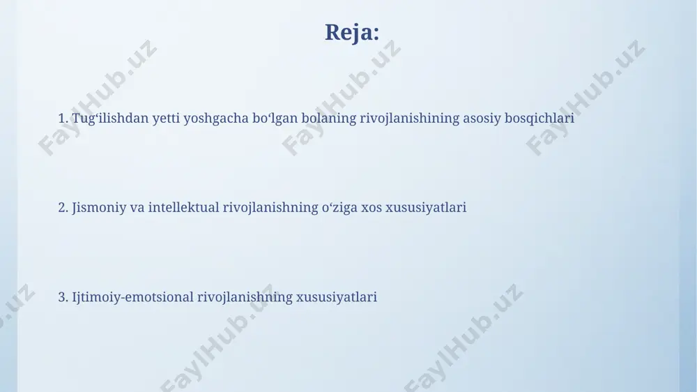 axsiyatning shakllanishi bolalarning 5-7 yoshdagi ijtimoiy o'yinlari va rol o'ynashlari orqali ular turli xarakter xususiyatlarini o'rganib, o'z shaxsiyatlarini rivojlantirishda muhim bosqichni o'tadilar, bu davrda empatiya va kommunikatsiya ko'nikmalari muhim ahamiyat kasb etadi. 4-7 yosh oralig'ida bolalarda o'z-o'zini anglash va mustaqillikka intilish kuchayib, ijtimoiy munosabatlarga bo'lgan ehtiyoj ortganda, shaxsiyatning muhim jihatlari, masalan, o'ziga ishonch va o'ziga xoslik shakllanadi. katta motor rivojlanishi 6-7 ёшгача болаларда майда моторли кўникмалар билан биргаликда йирик моторли кўникмалар ҳам ривожланади, масалан, велосипедда юриш, арқонда сакраш каби фаолиятларни бажаришлари мумкин. 3-5 ёш даврида болаларнинг координацияси яхшиланади, улар тез-тез югуриш, сакраш, тўп тепиш каби майда ва йирик ҳаракатларни бажара оладилар. 3 yoshdan 5 yoshgacha bo'lgan davr 3-5 ёш оралиғида болаларнинг майда моторикаси янада такомиллашиб, 5 ёшгача қўлларидаги майда буюмларни мустақил равишда ушлаш, чизиш, ёзиш каби ҳаракатларни бажаришлари мумкин. бу ёшдаги болаларнинг фикрлаши асосан конкрет-образли бўлиб, абстракт тушунчаларни англаши қийин. масалан, "адолат" ёки "вафодорлик" каби тушунчаларни тушунишлари учун яна вақт …