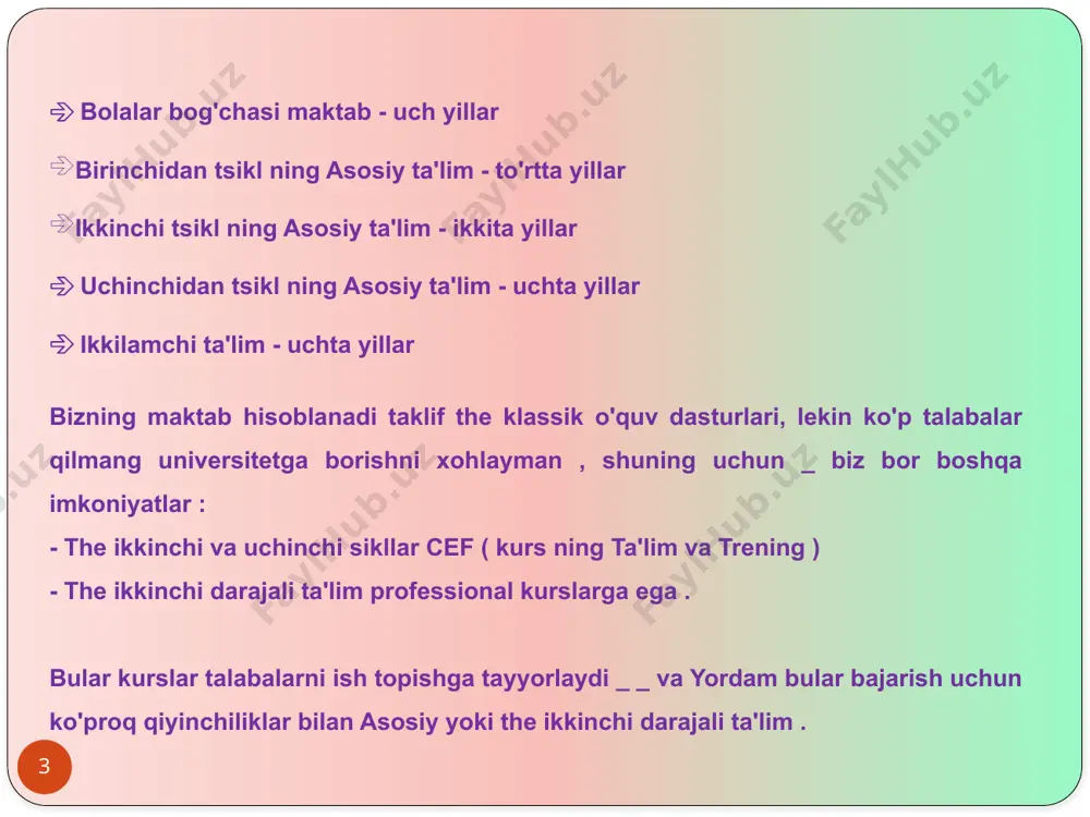 yo'nalishlari bo'yicha ixtisoslashtirilgan badiiy tayyorgarlikni ta'minlash uchun ixtisoslashtirilgan san'at kurslari, mehnat dunyosiga kirishga imkon beradigan yoki o'rta bo'lmagan oliy ta'lim yoki hatto oliy ta'limda qo'shimcha ta'lim kurslari; - ish dunyosiga kirishni ta'minlash uchun mo'ljallangan kasb-hunar kurslari, shuningdek, o'rta va oliy o'quv yurtidan keyingi ta'lim yo'nalishlarida qo'shimcha ta'lim kurslari. modullar o'qitishning turli yo'nalishlari bo'yicha tashkil etilgan 11 o'rta maktab o'quvchilarining har qanday kursini tugatish uchun ichki summativ baholash o'tkaziladi. ilmiy-gumanitar yo‘nalish talabalari ushbu baholashdan tashqari qonun hujjatlarida belgilangan ayrim fanlardan milliy imtihonlarni o‘tkazish yo‘li bilan ham tashqi summativ baholashdan o‘tkaziladi. ushbu ta'lim darajasini tugatgan o'quvchilarga o'rta ma'lumot diplomi beriladi. texnologik, badiiy va malakali mutaxassislar hatto 3-darajali kasbiy malakani ham beradi. xalq ta'limida talabalar kichik yillik to'lovni to'lashlari kerak. 11 12 oliy ma'lumot oliy ta'lim boloniya tamoyillariga muvofiq tuzilgan va kasbiy va madaniy faoliyatni amalga oshirish uchun mustahkam ilmiy, madaniy, badiiy va texnologik tayyorgarlikni ta'minlashga qaratilgan. portugaliyada ikkilik tizimda tashkil etilgan: universitet …