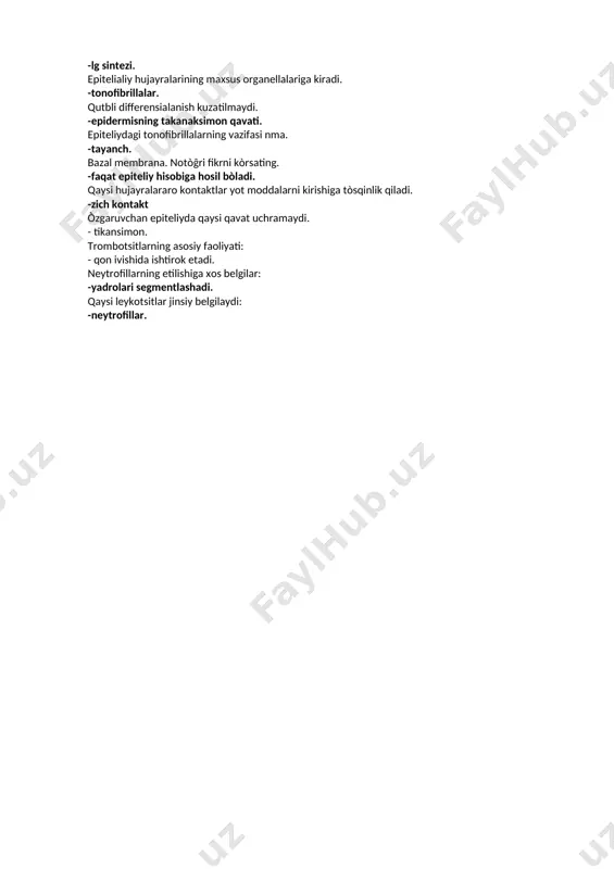 -mioepitelial hujayralar -mushakduklari 14.#miofibrillaning morfofunksional birligi: -sarkomer -mion -miosimplast -miofibrilla -osteon 15.#skelet mushak to’qimasining regeneratsiyasini ta'minlaydi: -miosimplast -mioblast -miofibrilla -miosatellitotsit -sintitsiy 1.biriktiruvchi to‘qimani pishiqligini taminlaydi vыberite odin otvet: a. elastik tolalar b. kollagen tolalar s. argirofil tololar d. petikulyar tolalar 2.elastik tolalarda uchrayligan aminokislota vыberite odin otvet: a. sistin b. izodesmozin s. lizin d. gistidin 3.makrofaglar xosil bo‘ladi vыberite odin otvet: a. monotsitlardan b. limfotsitlardan s. eritrotsitlardan d. fibroblastlardan 4.geparin va gistamin ishlab chikaruvchi xujayraning nomi vыberite odin otvet: a. makrofag b. fibroblast s. labrotsit d. adipotsit 5.kong‘ir yog‘ to‘qimasini vazifasi vыberite odin otvet: a. tayanch b. trofik s. issiq ishlash d. mexanik 6.pigment xujayralarning taraqqiyot manbai vыberite odin otvet: a. nerv tӳqimasi b. mezenxima s. o‘zak xujayra d. epiteliy 7.zich tolali shakllanmagan biriktiruvchi to‘qima uchraydi vыberite odin otvet: a. terining sorg‘ichli qavatida b. aponevrozlarda s. terining torsimon qavatida d. payda 9.yallig‘lanish soxasida ko‘p uchraydigan xujayra vыberite odin otvet: a. …