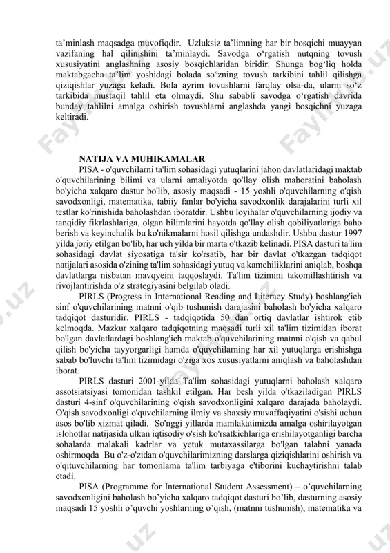 xizmat qiladi. o'quvchi uchun esa nutq maktabda muvaffaqiyatli ta'lim olish qurolidir. nutq o 'stirish nima? agar o'quvchi va uning tildan bajargan ishlari ko'zda tutilsa, nutq o'stirish deganda, tilni har tomonlama (talaffuzi, lug'ati, sintaktik qurilishini, bog'lanishli nutqni) aktiv amaliy o'zlashtirish tushuniladi. agar o'qituvchi ko'zda tutilsa, nutq o'stirish deganda, o'quvchilar tilning talaffuzi, lug'ati, sintaktik qurilishi va bog'lanishli nutqni muhim aktiv egallashlariga yordam beradigan metod va ish turlarini qo'llash tushuniladi. nutq faoliyati uchun, shuningdek, o'quvchilar nutqini o'stirish uchun bir necha shartga rioya qilish zarur: 1. kishi nutqining yuzaga chiqishi uchun talab bo'lishi kerak. o'quvchilar nutqini o'stirishning metodik talabi o'quvchi o'z fikrini, nimanidir og'zaki yoki yozma bayon etishi, xohishi va zaruriyatni yuzaga keltiradigan vaziyat yaratish hisoblanadi 2..har qanday nutqning mazmuni, materiali bo'lishi lozim. bu material qanchalik to'liq, boy, qimmatli bo'lsa, uning bayoni shunchalik mazmunli bo'ladi. 3. fikr tinglovchi tushunadigan so'z, so'z birikmasi, gap, nutq oborotlari yordamida ifodalansagina tushunarli bo'ladi. shuning uchun nutqni muvaffaqiyatli o'stirishning …