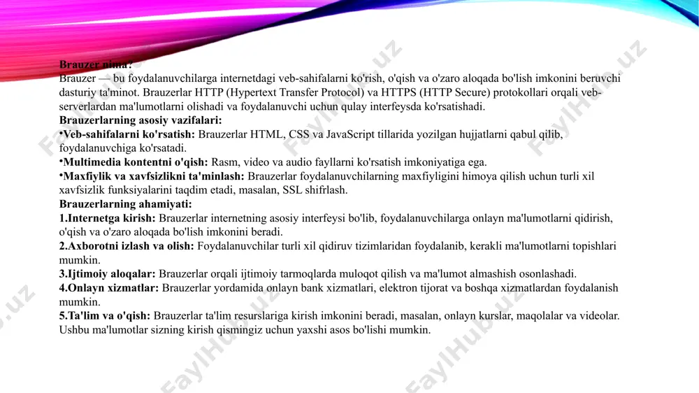 chalarni taklif qilishda davom etmoqda. brauzer turlari 1. asosiy brauzerlar google chrome taqdim etilgan: 2008 yilda. xususiyatlari: tezlik, oddiy interfeys, kengaytmalar ekotizimi. google hisobiga integratsiya va onlayn xizmatlarga qulay kirish imkonini beradi. platformalar: windows, macos, linux, android, ios. mozilla firefox taqdim etilgan: 2004 yilda. xususiyatlari: maxfiylik va xavfsizlikka e'tibor, kengaytmalar va foydalanuvchi interfeysining moslashtirilishi. ochiq manba kodli. platformalar: windows, macos, linux, android, ios. microsoft edge taqdim etilgan: 2015 yilda (original internet explorer o'rnini bosdi). xususiyatlari: tezlik, xavfsizlik, va windows bilan integratsiya. chromium asosida ishlab chiqilgan yangi versiyasi mavjud. platformalar: windows, macos, ios, android. safari taqdim etilgan: 2003 yilda (apple tomonidan). xususiyatlari: tezlik, energiya samaradorligi va apple ekotizimiga moslashuvchanlik. o'ziga xos xususiyatlari bilan ios va macos platformalarida qo'llaniladi. platformalar: macos, ios. 2. maxsus brauzerlar tor taqdim etilgan: 2002 yilda. xususiyatlari: maxfiylik va anonimlikni ta'minlash uchun mo'ljallangan. foydalanuvchilarning internetdagi faoliyatini yashirish uchun tor tarmog'idan foydalanadi. platformalar: windows, macos, linux. opera taqdim etilgan: …