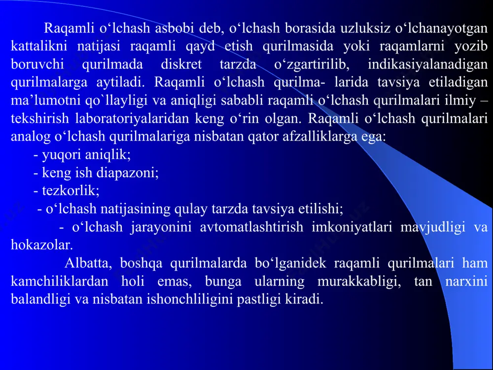 qoladi. qayta hisoblovchi qurilma – raqamli o‘lchash qurilmalarida impuls chastotalarini bo‘lish, son – impulsli kodlarni ikkilik kodlarga o‘zgartirish kabi maqsadlarda ishlatiladi. agar n – ta trigger ketma – ket qilib va qayta hisoblash koeffitsienti 2 ga teng qilib ulansa, hisoblovchi qurilma sifatida ishlatiladi (n = 2n). elektron kalit. tranzistorli elektron kalit. 2 – rasm ekvivalent sxemasi. kalit bir necha o‘n omlardagi r1 qarshiligidan, bir necha yuz millivoltlardagi kuchlanish generatoridan (e), i – mikroamperlardagi tok generatoridan, rp – bir necha yuz megaomdagi qarshilikli qilib ishlangan. ulagich past holatga ulansa, kalit yopiq va yuqori holatga ulansa, u ochiq holatda bo‘ladi. indikatorlar. raqamli o‘lchash asboblarida o‘lchanayotgan kattalikni raqam shaklida ko‘rsatilishi uchun maxsus belgili, segmentli va gazorazryadli indikatorlar ishlatiladi. segmentli indikatorlarda 0, 1, 2, … , 9 raqamlarni hosil bo‘lishi uchun boshqaruvchi kuchlanish berilganda yoritiladigan 7, 8, 9 va undan ko‘p sonli elementlar elektroluminafor tasmalaridan, svetodiodlardan, suyuq kristallardan ishlanadi. 3 (a)–rasmda etti elementli indikator …