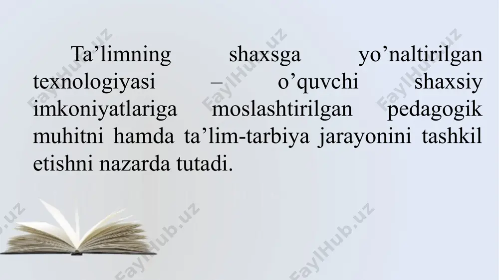 y/magnify(modifiкatsiya boshqa turi (holati))-qanday yaxshilashim mumkin? (katta, uzoqroq, balandroq, ortiqcha ishlangan, qo’shimcha funktsiyalarni bajarish) put to other uses (boshqa sohalarda qo’llash)-nima o’zgarishi mumkin? (uning miqyosidagi o’sish yoki kamayishi, shakli o’zgarishi, belgilar (masalan, rang) va boshqalar) eliminate(qisқartirish)-yana qanday holda qo’llash mumkin? rearrange/reverse (tartibini o’zgartirish)-nimani qayta tiklash mumkin? (buyurtmani o’zgartirish, komponentlarni almashtirish, tezlik va boshqalar) test 1. pedagogning qaysi jarayonini sahnadagi aktyorlar faoliyatiga o’xshatish mumkin? a) hatti-harakat, mashg’ulot olib borish jarayonini; b) estetik his-tuyg’u; c) muloqoti, bilimi d) to’g’ri javob yo’q 2.pedagogik ta’sir ko’rsatishning asosiy usullari qaysi javobda to’g’ri ko’rsatilgan? a)darsni to’g’ri tashkil etish, nutq tashsbbuskorlik, qobiliyat b)talab, rag’batlantirish, jazolash, jamoatchilik fikri c)mehnatsevarlik, irda, jaolash, muomala d)suhbat, badiiy adabiyot, muomala muammoli vaziyat ingliz tili darsida o’qituvchi o’quvchilarga : “o’rtog’ingdan ko’chirma!”, “o’zing yoz, birovlarning daftariga qarama!”, “obbo ko’chiradigan odamingni ham topibsanmi-a! uning o’zi hatto ko’chirib olisni ham qoyillata olmaydi-yu!” singari zaharxanda so’zlar bilan bir necha bor qattiq tanbeh berdi. boshqa sinfda esa o’qituvchi …