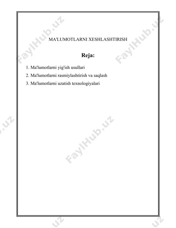 qiy vaziyat va hodisalarni aniqlash imkonini beradi; respondentlarning tabiiy muomalalari olinadi. - **kamchiliklari:** sub'ektiv tushunchalarga yoki interpretsiyalarga qaramlik; ba'zi holatlarda noaniq natijalar berishi mumkin. 4. **eksperimentlar:** eksperimental usulda, turli nazorat ostidagi sharoitlarda hodisalarni o'rganish orqali ma'lumot yig'iladi. - **afzalliklari:** sababiy bog'liqliklarni aniqlash va nazorat qilish imkonini beradi; aniq natijalar olinadi. - **kamchiliklari:** ko'p hollarda har doim ham haqiqatda bo'rttirilmagan sharoitlar ta'minlanmasligi mumkin. 5. **anketalar:** anketalar ko'p hollarda qog'oz yoki onlayn formatda bo'ladi va ular orqali respondentlar ma'lumotlarni to'ldiradilar. - **afzalliklari:** anonimlik maksazini saqlab, keng miqyosda ma'lumot olish imkoniyatini beradi; arzon va tezkor usul. - **kamchiliklari:** noto'g'ri yoki noto'liq javoblar xavfi mavjud. 6. **ikkinchi bois ma'lumotlar:** ushbu usulda oldindan mavjud bo'lgan ma'lumotlar qayta tahlil va ishlatiladi, masalan, hukumat va jamoat statistikalari. - **afzalliklari:** tayinlangan vaqt va xarajat resurslarini tejaydi; keng ma'lumotlarga ega bo'lish imkonini beradi. - **kamchiliklari:** ma'lumotlarning eskirganligi yoki maqsadga muvofiq emasligi xavfi mavjud. 7. **raqamli texnologiyalar va internet:** onlayn …