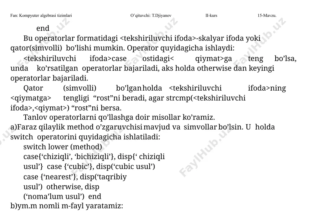 ish mumkin. biror bir sistemada grafik chizish uchun umumiy bo’lgan ba’zi koordinatalarni keltiramiz:  plot(x,y)-x va y vektorlarning dekart tekisligidagi grafigini hosil qiladi;  plot(y)- y ning y-vektor elementlari nomerlarga nisbatan grafigini yasaydi; semilog(x,y)- “x”ni logarifmi grafigini “y”ga nisbatan grafigini yasaydi; semilogy(x,y)-“x”ning grafigini “y”ning logarifmiga nisbatan grafigini yasaydi; loglog(x,y)-“x”ni logarifmini “y”ni logarifmiga nisbatan grafigini yasaydi;  grid-koordinatalar sistemasida to’rni hosil qiladi; title(‘matn’)- grafik tepasiga matn yozadi; xlabel(‘matn’)- “matn”ni “x” o’qi ostiga yozadi; fan: kompyuter algebrasi tizimlari o’qituvchi: t.djiyanov ii-kurs 15-mavzu.  ylabel(‘matn’)- “matn”ni “y” chap tomoniga yozadi;  text(x,y,’matn’)- “matn”ni (x,y) nuqtaga yozadi;  polar(theta, r)- r va theta vektorlarning polyar koordinatalar sistemasida grafigini yasaydi (bu yerda theta faqat radianlarda beriladi);  bar(x) yoki stairs(x)- “x” vektorning gistogrammasini yasaydi;  bar(x,y) yoki stairs(x,y)-“y” vector elementlarini gistogrammasini “x” vektorning elementlariga mos to’plamga joylashtirib chizadi; dekart koordinatalar sistemasida grafik chizish (x,y) juftligini qiymatlafini berib, hosil bo’lgan nuqtalarni kesmalar bilan tutashtirish orqali hosil …