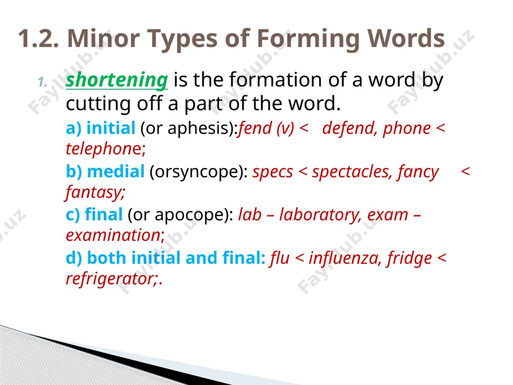 (sub- (subcommittee); ex- (ex-husband) adjective-forming prefixes: un- (unfair); il- (illiterate); ir- (irregular); adverb-forming prefixes: un- (unfortunately); up- (uphill). semantically prefixes fall into: monosemantic: the prefix ex- has only one meaning ‘former’ – ex-boxer; polysemantic; the prefix dis- has four meanings: ‘not’ (disadvantage); ‘reversal or absence of an action or state’ (diseconomy, disaffirm); ‘removal of’ (to disbranch); ‘completeness or intensification of an unpleasant action’ (disgruntled). according to their generalizing denotational meaning prefixes fall into: negative prefixes: un- (ungrateful); non- (nonpolotical); in- (incorrect); dis- (disloyal); a- (amoral); reversative prefixes: un2- (untie); de- (decentralize); dis2- (disconnect); pejorative prefixes: mis- (mispronounce); mal- (maltreat); pseudo- (pseudo-scientific); prefixes of time and order: fore- (foretell); pre- (pre-war); post- (post-war), ex- (ex-president); prefix of repetition: re- (rebuild, rewrite); locative prefixes: super- (superstructure), sub- (subway), inter- (inter-continental), trans- (transatlantic). according to their stylistic reference prefixes fall into: those characterized by neutral stylistic reference: over- (oversee); under- (underestimate); un-(unknown); those …