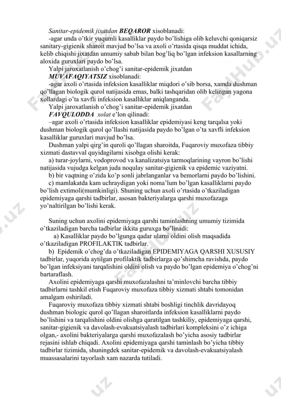 o’tkazish, kiyim-kechaklari va poyafzallarini dezinfeksiyalash; 8. epidemik o’choqda observatsion yoki karantin tadbirlarini o’tkazish. sanitar-gigienik va epidemiyaga qarshi tadbirlar bir vaqtda va yaqin xamkorlikda o’tkaziladi, chunki ularni o’tkazish usulida umumiylik mavjud va ular bir maqsadga- odamlar sog’ig’ini saqlash va ularni infektsion kasalliklardan’ xamda zaxarli moddalardan va radioaktiv vositalardan muxofazalashga qaratilgan. turli xil yalpi jaroxatlanish o’choqlarida kerakli santar-gigienik va epidemiyaga qarshi tadbirlarni bevosita tashkil etish sanitariy-epidemiologik stansiyalarga yuklatiladi. bunda kerakli konkret tadbirlar ro’yxati ses tomonidan tinchlik davridayoq nazarda tutiladi va rejalashtiriladi. yalpi jaroxatlanish o’choqlarida bevosita ishlash uchun sanitariy-epidemiologik stansiyalar bazasida ularning xarakatchan tashkilotlari sifatida epidemiyaga qarshi xarakatchan otryadlar(eqxo) tashkil etiladi.sanitar-gigienik va epidemiyaga qarshi tadbirlarni tashkil etishga va o’tkazishga ses va eqxo dan tashqari epidemiologiya va mikrobiologiya, sanitariya va gigiena ilmiy-tekshirish institutlari va tibbiyot institute va vrachlar malakasini oshirish institutlarining tegishli kafedralari xam jalb qilinadi. 2-savol bakteriologik o’choqlarni lokalizaciyalash bo’yicha izolycion-cheklov tadbirlari. observaciya va karantin. bakteriologik zararlanish o’chogini bartaraf etishdagi tadbirlar. yalpi qirg’in …