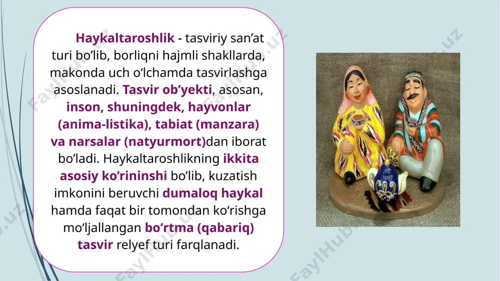allardan boʻrtma tasvirli amaliy sanʼat buyumlari, loydan haykalchalar yasashda katta muvaffaqiyatlarga erishildi (skiflar madaniyati, afrika qitʼasining nok manzilidagi sopol haykallar va boshqalar). qadimgi davrida haykaltaroshlikda yangi bosqich boshlandi. shumer va akkad, bobil va ossuriya yodgorliklari, misrdagi mahobatli haykallar, nafis boʻrtma tasvirlar shu davrning nodir yodgorliklaridir. oʻrta sharq, jumladan, o’rta osiyo hududida yaratilgan xorazm, sugʻd, baqtriya yodgorliklari, mahobatli haykal va boʻrtma tasvirlari, mayda haykalchalar, amaliy sanʼat buyumlarini bezashda ishlangan turli badiiy shakllar davrning boy madaniyatidan dalolat beradi. antik davrda voqeband relyef, portret oʻz rivojining yuqori bosqichiga koʻtarildi, odamning ruhiy holatini ifodalash borasida katta yutuqlarga erishildi. yunoniston va qisman qadimiy rimda yaratilgan haykaltaroshlik asarlarida insoniy tuygʻular, uning kamoloti yetakchi oʻrinni egalladi, tasvirlashda haqqoniylik hukm surdi, jismoniy baquvvat va maʼnaviy goʻzal inson obrazini yaratish yunon haykaltaroshligining bosh maqsadi boʻldi (fidiy va miron, poliklet va praksitel). oʻrta asrlar sharq mamlakatlarida haykaltaroshlik hamma joyda bir xil rivojlanmadi. janubiy, janubi-sharqiy osiyo mamlakatlari (hindiston, indoneziya va hindixitoy …