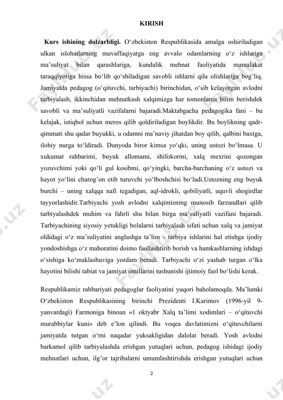 y yetukligi bolalarni tarbiyalash sifati uchun xalq va jamiyat oldidagi o‘z ma’suliyatini anglashga ta’lim - tarbiya ishlarini hal etishga ijodiy yondoshishga o‘z mahoratini doimo faollashtirib borish va hamkasblarning ishdagi o‘sishiga ko‘maklashuviga yordam beradi. tarbiyachi o‘zi yashab turgan o‘lka hayotini bilishi tabiat va jamiyat omillarini tushunishi ijtimoiy faol bo‘lishi kerak. respublikamiz rahbariyati pedagoglar faoliyatini yuqori baholamoqda. ma’lumki o‘zbekiston respublikasining birinchi prezidenti i.karimov (1996-yil 9-yanvardagi) farmoniga binoan «1 oktyabr xalq ta’limi xodimlari – o‘qituvchi murabbiylar kuni» deb e’lon qilindi. bu voqea davlatimizni o‘qituvchilarni jamiyatda tutgan o‘rni naqadar yuksakligidan dalolat beradi. yosh avlodni barkamol qilib tarbiyalashda erishgan yutuqlari uchun, pedagog ishidagi ijodiy mehnatlari uchun, ilg’or tajribalarni umumlashtirishda erishgan yutuqlari uchun o‘qituvchi, tarbiyachilar «metodist o‘qituvchi», «katta o‘qituvchi», «metodist - tarbiyachi», «xalq maorifi a’lochisi» va shu kabi sharafli unvonlar bilan taqdirlanadilar. xalq ta’limi xodimlari orasidan respublika bo‘yicha deputatlar saylanishi ham ularga bo‘lgan chuqur hurmat-ehtiromni bildiradi.o‘zbekiston respublikasining prezidenti sh .m.mirziyoev tashabbuslari bilan jumhuriyatimizda pedagog xodimlarning oylik …