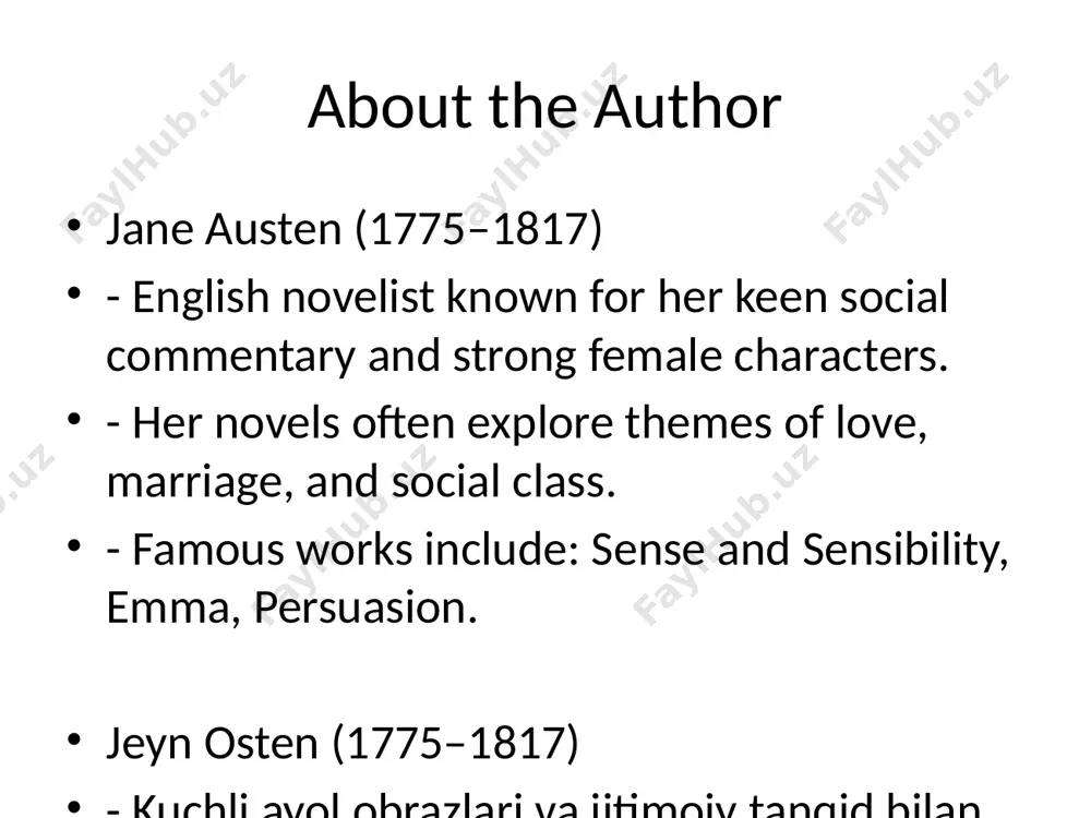 o tell you how ardently i admire and love you." — mr. darcy "sizga qanday kuchli qoyil qolganimni va sizni qanday sevishimni aytishga izn bering." — mr. darcy impact and legacy - a timeless classic of english literature. - inspired countless adaptations and spin-offs. - elizabeth bennet is one of literature’s most beloved heroines. - ingliz adabiyotining abadiy klassikasi. - juda ko‘p moslashmalar va zamonaviy talqinlarga ilhom bergan. - elizabeth bennet adabiyotdagi eng sevimli ayol qahramonlardan biri. adaptations - numerous film, tv, and stage adaptations. - 1995 bbc series and 2005 film with keira knightley. - modern versions include *bridget jones’s diary*, *the lizzie bennet diaries*. - ko‘plab kino, tv va sahna moslashmalari. - 1995-yilgi bbc seriali va 2005-yilgi keira knightley ishtirokidagi film. - zamonaviy versiyalarga *bridget jones’s diary*, *the lizzie bennet diaries* kiradi. why read it? - timeless themes still relevant today. - memorable characters and sharp wit. - …