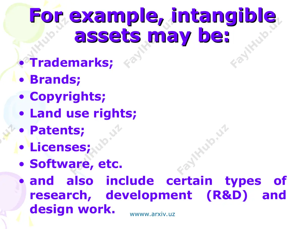 sources of financing the acquisition of intangible assets are as follows: wwww.arxiv.uz wwww.arxiv.uz goodwill goodwill (goodwill) is a particular intangible asset. in general goodwill - is that part of the cost of the company for which the current market value of the company exceeds the sum of its tangible and identified intangible assets. wwww.arxiv.uz wwww.arxiv.uz there are several distinct components of goodwill: the existence of assets and their willingness to use. these are a management of a company, the availability of staff, the availability of assets; having a positive economic profit. under the positive economic income is understood the excess of income over the consumed resources; value created synergies in mergers and acquisitions; expectations of future events that are not directly related with the current activities of the company; finally, when analyzing the value of assets of the business, the value of intangible assets, which are in the process of …