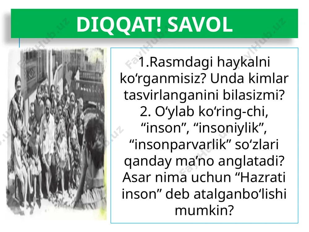 miz?.. zarur bo‘lsa, hech tortinmay biznikiga yuboravering. – o‘zim borarman. – juda yaxshi. hech tortinmang. topganimizni o‘rtaga qo‘yamiz,– dedi kulib. mahkam aka u bilan xayrlashib, galyani ko‘tarib oldi. nazarova eshikkacha kuzatib qo‘ydi. abram bilan vitya yonma-yon borishardi-yu, gaplashishmasdi. galya sevinganidan abramga qo‘lini silkib qo‘yardi. katta ko‘chaga chiqishganda, vitya galyaga dedi: – tush endi, dadamni charchatib qo‘yasan. mahkam aka o‘g‘lining gapini hazilga burib, galya tilidan: – charchatmayman. qushdek yengilman, o‘zim zo‘rg‘a dadamni topib oldim-u, – dedi-da, galyaga ko‘zini qisib qo‘ydi. qizcha sevinib, mahkam akaning bo‘ynidan qattiq quchoqlab oldi. lug‘at to‘rsayib –qovoq solib,tumshayib et-beting –u yer-bu yering(shevada) fashist –o‘z xalqini boshqa xalqlardan ustun,hukmronlik qilishga haqli deb hisoblaydiganlar. fashizm tarafdorlari ikkinchi jahon urushi boshlanishiga sababchi bo‘lishgan. hovur – bug‘ juvon –yosh ayol azot –tik muhokama qilamiz 1. urush yillaridagi og‘ir sharoitga qaramay, mahkam akaning ota- onasidan ayrilgan bolalarni o‘z oilasiga qabul qilishi sababi nimada deb o‘ylaysiz? 2. vitya, galya va abram xarakterlari o‘rtasida …