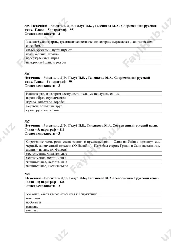 овременный русский язык. глава – 5; параграф – 118 степень сложности – 3 определите часть речи слова «один» в предложениях. один из бойцов протянул ему черный, закопченный котелок. (ю.нагибин) петр был старше гриши и сани на один год, а меня – на два. (а. фадеев) местоимение, числительное местоимение, местоимение числительное, местоимение числительное, числительное №8 источник – розенталь д.э., голуб и.б., теленкова м.а. современный русский язык. глава – 5; параграф – 128 степень сложности – 2 укажите, какой глагол относится к i спряжению. выкопать пробежать выгнать молчать №9 источник – розенталь д.э., голуб и.б. , теленкова м.а. современный русский язык. глава – 2; параграф – 98 степень сложности – 3 определите значение родительного падежа имени существительного в предложении: «дубровский занялся разбором бумаг покойного». (а.с. пушкин) определительное обстоятельственное объектное субъектное №10 источник – розенталь д.э., голуб и.б. , теленкова м.а. современный русский язык. глава – 1; параграф – 95 степень сложности – …