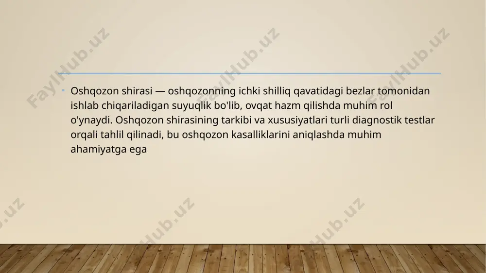 kislotaning yuqori darajada ishlab chiqarilishi. - atrofik gastrit: shira va fermentlarning kamayishi. - zolinger-ellison sindromi: oshqozon shirasi va kislotaning yuqori darajada ishlab chiqarilishi. tahlil uchun tayyorgarlik: - tahlil oldidan 10-12 soat davomida ovqatlanmaslik. - ayrim dorilarni qabul qilishni to'xtatish (doktor maslahati bilan). - tahlilni ertalab och qoringa o'tkazish tavsiya etiladi. oshqozon shirasi tahlili oshqozon-ichak trakti kasalliklarini aniqlashda va davolashda muhim vositadir. doktoringiz sizga aniq tashxis qo'yish va tegishli davolashni belgilash uchun bu tahlil natijalarini ko'rib chiqadi. oshqozon shirasi tahlilining natijalari oshqozon-ichak trakti kasalliklarini aniqlash va tegishli davolash choralarini ko'rish uchun muhimdir. ushbu tahlil oshqozonning funktsional holatini baholashga yordam beradi va oshqozon kasalliklarini aniqlashda asosiy vositalardan biridir. image2.jpeg image3.jpeg image1.jpg /docprops/thumbnail.jpeg