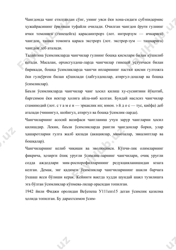 иб ташқи ва ички қаватга бўли-нади. ички қаватдан чангчини ҳосил қилувчи археспора тўқимаси, ташқи қавати — (париетал — лот. париета-л и с — девор) эса чангдон девори, шунингдек чангчининг озиқланишига сарф бўладиган ҳужайраларга айланади. па-риетал қаватни ҳосил қилувчи бошланғич тўқима марказ-га интилувчи йўналишда периклинал ёки тангентал (узу-насига, бўйига) ва антиклинал (юнон. анти — қарши, клино — эгилиш, букилиш) бўлиниб, уч-тўрт ҳужайра қавати юзага келади. бу, ўз навбатида, вертикал ва гори-зонтал бўлинади. натижада уч қаватдан ташкил топган (тўрт уяли, чаноқли) чангдон ҳосил бўлади. чангдоннинг усти эпидермис, унинг ости эндотеций (фиброз) ва ички тапетум (юнон. ички парда) ҳужайра қаватларидан ибо-рат. ёпиқуруғли ўсимликларда тапетум ҳужайрасининг яд-роси митоз бўлиниб, тукчали ва амебонд ҳужайралар ҳосил қилади. тапетум ҳужайралари қуюқ цитоплазмадан ибо- рат. бу ҳужайралар она микроспора тўқималарига озиқ моддаларни ўтказишда муҳим физиологик аҳамиятга эга. эндоцетий — микроспоранги (чангдон)нинг энг ташқи қаватини ташкил этади. унинг ички қатлам ҳужайралари-дан кўп миқдорда фиброз (толалар) ҳосил бўлади. чанг-дон етилган …