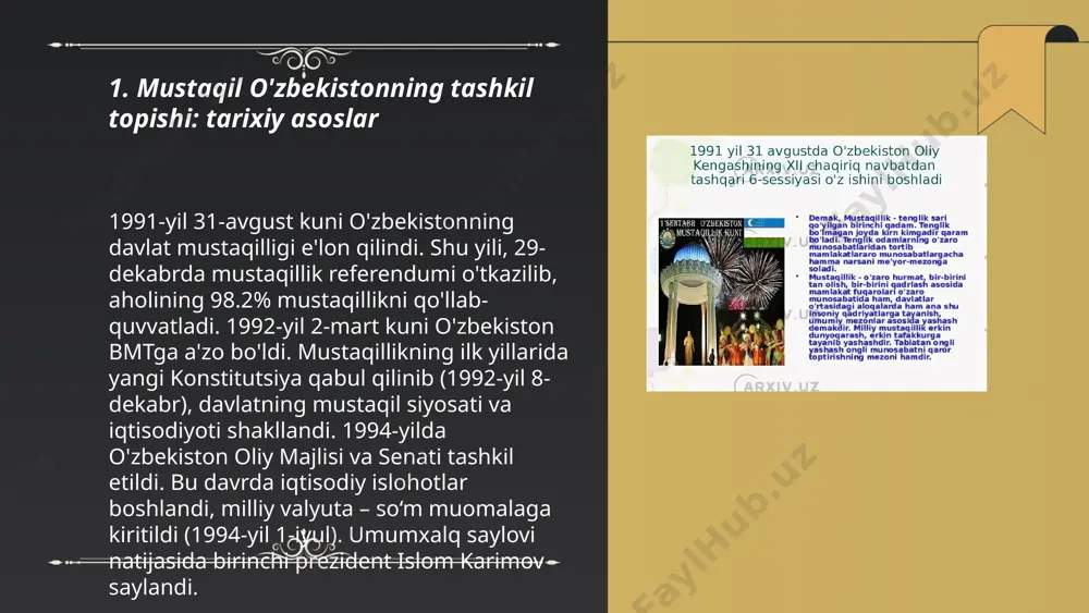korligini mustahkamlashga qaratilgan islohotlar amalga oshirildi. 2017-yilgi prezident farmoni bilan davlat boshqaruvi tizimida yangi strategik yo'nalishlar belgilandi va 2021-yilda "yangi o'zbekiston" dasturi e'lon qilindi, bu holat xalqaro hamjamiyat tomonidan ijobiy baholandi. ... t.me/slaydai_bot o‘zbekistonda iqtisodiy erkinlikni qo‘lga kiritish harakatlari davom etmoqda. 2023-yilda o‘zbekiston iqtisodiy erkinlik bo‘yicha jahon reytingida 150-o‘rinda turadi. 2017-yildan beri prezident shavkat mirziyoyev boshchiligida iqtisodiy islohotlar amalga oshirilib, o‘sish uchun yangi qadamlar qo‘yildi. soliq tizimi soddalashtirildi va xususiy sektor uchun imkoniyatlar kengaytirildi. 2018-yilda o‘zbekiston jahon bankining "biznes yuritish qulayligi" reytingida 74-o‘rindan 69-o‘ringa ko‘tarilgan. 2020-yilda esa 64-o‘ringa chiqdi. buning natijasida chet el investitsiyalari oshib, yangi ish o‘rinlari yaratilmoqda. inflatsiya darajasi pasaytirilib, makroiqtisodiy barqarorlik mustahkamlanmoqda. ... t.me/slaydai_bot 7. milliy valyuta - so'mning joriy etilishi o‘zbekiston respublikasining milliy valyutasi — so‘m 1994-yil 1-iyulda joriy etilgan. bu qaror prezident islom karimov tomonidan qabul qilingan. so‘m joriy etilgach, 1 so‘m 1000 kuponga teng deb belgilangan. valyutaning kiritilishi o‘zbekistonning iqtisodiy suverenitetini mustahkamlashga yordam berdi. …