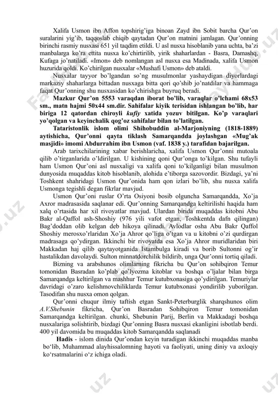 n so’ng musulmonlarga abu bakr (572-634) boshliq etib saylandi. uning xalifalik davrida (632-634) mu’minlar va murtad(dindan qaytgan)lar o’rtasida shiddatli janglar bo’lib o’tdi. ushbu janglarda qur’onni to’liq yod olgan qorilar ko’plab shahid bo’ldilar. shunda umar ibn al-xattob (585-644) abu bakrga «barcha qorilar shu zaylda o’lib ketaversa qur’on nuqsonli bo’lib qolishi mumkin, shu sababli uni jamlab kitob holiga keltirish zarur» degan maslahatini beradi. avvaliga abu bakr ikkilanib turadi, chunki bu ish payg’ambar hayotlik paytlarida qilinmagan edi. keyinroq abu bakr ham qur’onni kitob shakliga keltirib qo’yish zarurligini anglab etdi va zayd ibn sobit ismli sahobani chaqirib bu ishni unga topshiradi. chunki, zayd payg’ambar alayhis-salom bilan juda ko’p birga bo’lgan, qur’onni juda ham yaxshi yod olgan va rasululloh huzurlarida yozgan. payg’ambar umrlarining so’nggi yilida farishta jabroil alayhis-salomga qur’onni avvalidan to oxirigacha o’qib berganlarida birga bo’lgan edi. shunday qilib, zayd va umar mashaqqatli urinishlardan keyin qur’onni kiyik terisidan bo’lgan sahifalarga yozib chiqdilar va bog’lab abu …