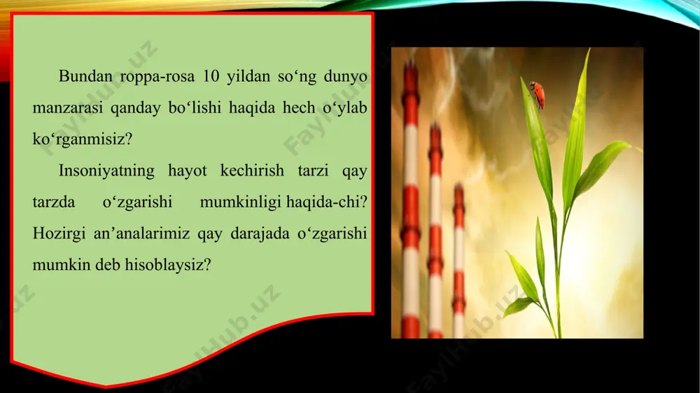 sonlarning yashash tarzimiz sabab boʻla oladimi? oʻtgan asrga nisbatan insoniyat yashash tarzi shunchalik darajada oʻzgardiki, insoniyat sivilizatsiyasida hali mutlaqo kuzatilmagan global isish, dengiz va yer ekotizimlarining misli koʻrilmagan darajada kamayib borishiyu, yer yuzining turli mintaqalarida qurgʻoqchilik, suv toshqinlari kabi bir qator salbiy holatlar ham yuz berayotganligi barchamizga birdek ayondir. xoʻsh, bizda muammolar bor, lekin ularga yechimlar-chi? nahotki hozirgi dunyoning global ekologik holati hech kimni zarrachalik qiziqtirmasa? biz oʻzimidan keyingi avlodga qanday kelajakni meros qilib qoldirmoqdamiz? har safar bunday ogʻriqli savollar bizni qachongacha qiynab keladi? nahotki dunyoning hozirgi qiyofasi kundan kunga bundan-da yomonlashib boraveradiyu, biz insonlar shunchaki bir oddiy hodisadek qarab turaveramiz? mamlakat rahbarlariniyu, hukumat vakillarini, butun insoniyatni boylik orttirish, iqtisodiy oʻsish, siyosiy hukmronlik, mamlakatlar oʻrtasida ulkan obroʻga ega boʻlishdan boshqa hech narsa qiziqtirmasa?! ha, albatta biz bunga koʻnikib, yashab kelmoqdamiz! mina guli haqida hech eshitganmisiz yoki qayerdadir oʻqiganmisiz? yoki suv izlash uchun yettita sahroni piyoda kezib chiqqan ayolni tanirsiz?! oʻqimagan …