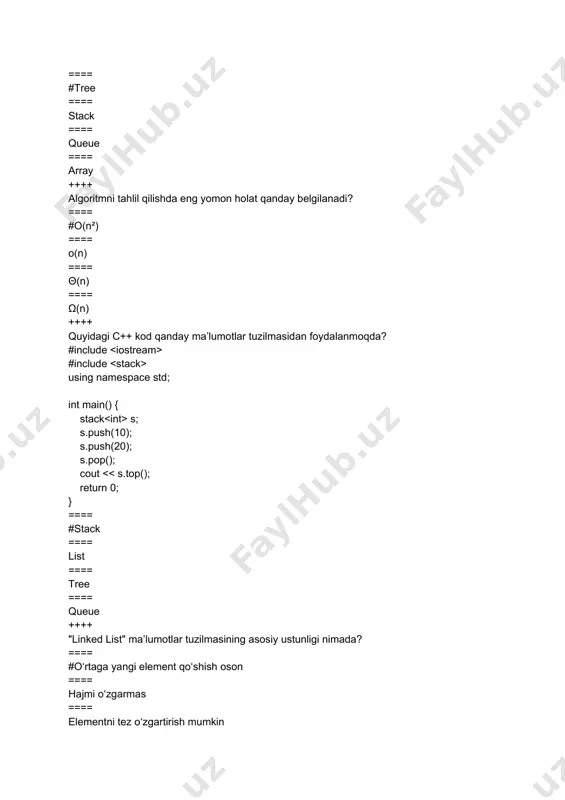 d print(int n) { if(n == 0) return; cout using namespace std; void countup(int n) { if(n == 0) return; countup(n - 1); cout using namespace std; int linearsearch(int arr[], int size, int key) { for(int i = 0; i using namespace std; int hashfunction(int key, int size) { return key % size; } int main() { int key = 27; cout #include using namespace std; int main() { unordered_map mymap; mymap["apple"] = 3; cout using namespace std; void bubblesort(int arr[], int n) { for(int i = 0; i arr[j + 1]) swap(arr[j], arr[j + 1]); } ==== #pufakcha (bubble) saralash ==== tanlab saralash ==== tez saralash ==== qo‘shish bilan saralash ++++ saralash algoritmining asosiy maqsadi nima? ==== # ma’lumotlarni kerakli tartibda joylashtirish ==== ma’lumotlarni tez o‘chirish ==== saralash o‘rniga qidiruv qilish ==== xotirani tozalash ++++ bubble sort algoritmining eng yomon holatda vaqt murakkabligi qanday? ==== #o(n²) ==== o(log n) …