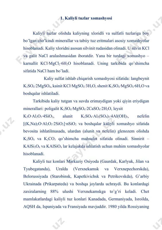dagi kaliy-magniyli tuzlar xloridlar shaklida bo’lib, qadimgi perm dengizining bug’lanishidan hosil bo’lgan. bu konning maydoni 3500 km2 bo’lib, qatlamning qalinligi 1000 metrgacha yetadi. karnallit va silvinit qatlamlari 90-220 metr chuqurlikda, quyi silvinit maydonining qalinligi 7-8 m dan 40 metrgacha bo’lib, bir-biridan kcl qatlami bilan ajralib turadigan oltita 6-8 metr qalinlikdagi silvinit qatlamlaridan iborat. ruda tarkibida 17-40% kcl, 0,2-0,3% mgcl2, 14,5% erimaydigan qoldiq bo’ladi. yuqori yuza qalinligi 20-115 metr bo’lib, 9 ta qatlamni tashkil qiladi. bu qatlamlar karnallit, silvinit va kulrang, havorang hamda ko’k gallit aralashmalaridan iboratdir. silvinit rudasi tarkibida 21-39% kcl, 0,2-1,2% mgcl2, 0,9-6,3% erimaydigan qoldiq, karnallit rudasi tarkibida esa 13,5-20,5% kcl, 14,5-19% mgcl2, 1,4-4,5% erimaydigan qoldiq bo’ladi. karpate konidagi kaliy tuzlari sulfat-xloridlar shaklida bo’lib, xloridli qatlamlar silvinit (8-19% k2o) va boshqa rudalardan iborat. sulfat-xloridli qatlamlarning 35-36% qismi kainitdan (10-12% k2o), 20-40% qismi gallitdan, 3-7% qismi poligalitdan va 6-15% qismi tuproq materiallaridan iborat. kainit-langbeynit qatlamlarining 20-30% ini kainit, 10-20% ini …