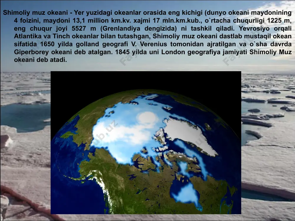 erib ketadi. ‹#› shimoliy muz okeanida suv yuza qatlami va muzlarning sirkulyatsiyasi hamda tinch va atlantika okeanlari bilan suv almashinish asosan, shamolning yo`nalishiga bog`lik, arktika havzasi uchun esa suvning siklonal sirkulyatsiiyasi harakterlidir. shimoliy yevropa havzasi uchun esa suvning qatlami va muzliklarning sirkulyatsiyasi arktika havzasini chukotka dengizidan kesib o`tuvchi trans arktika oqimiga, alyaskadan shimoldagi sharqiy antitsiklonal aylanma harakatga, sharqiy grenlandiya sovuq oqimga va norvegiya iliq oqimiga bog`liq. suv sathininng ko`tarilishi har yarim sutkada takrorlanadi. balandligi shimoliy yevropa havzasida 1m, arktika havzasida 0.5 m, maksimali 6 m. ‹#› тупики ‹#› чистик ‹#› люрики ‹#› ‹#› медуза цианея ‹#› ‹#› ‹#› ‹#› image2.jpeg image3.jpeg image4.jpeg image5.jpeg image6.jpeg image7.jpeg image8.jpeg image9.jpeg image10.jpeg image11.jpeg image12.jpeg image13.jpeg image14.jpeg image15.jpeg image1.jpeg