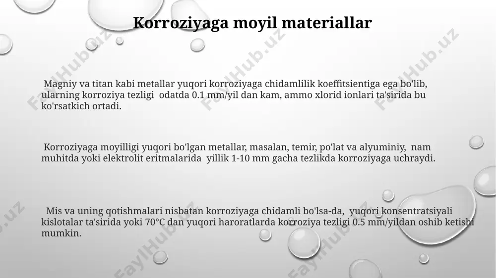 ar keltiradi. neft va gaz sanoatida korroziya natijasida quvurlar va uskunalar shikastlanishi yiliga millionlab dollarlik yo'qotishlarga olib keladi, ta'mirlash va almashtirish xarajatlarini oshiradi. korroziya tadqiqotlari va kelajagi biokorroziya jarayonlarini o‘rganish va bakteriyalar ta'siri ostida metallarning parchalanish mexanizmlarini aniqlash, neft va gaz sanoati uchun yangi korroziyaga chidamli materiallarni yaratishda muhim ahamiyatga ega. korroziya inhibitorlari sintezi va ularning samaradorligini baholash bo‘yicha tadqiqotlar, yillik iqtisodiy zararlarni 5-10% ga kamaytirishga yordam beradi. korroziya tadqiqotlarida kompyuter simulyatsiyasi va kvant mexanikasi usullarini qo‘llash, metallarning korroziyaga chidamliligini 15-20% ga oshirish imkoniyatini beradi. korroziyadan himoya qilish usullari korroziyadan himoya qilishning samarali usullaridan biri – metall sirtini 25-50 mikrometr qalinlikdagi bo'yoq qatlami bilan qoplash bo'lib, bu atmosfera ta'siridan ishonchli himoya qiladi. anod himoyasi usulida himoya qilinadigan metallga 0,7 v dan yuqori potensial bilan himoya qiluvchi elektrod ulanadi, bu esa korroziya jarayonini to'xtatadi. passivlashtirish usuli – metall yuzasiga korroziyaga chidamli yupqa oksid qatlami hosil qilish orqali amalga oshiriladi, masalan, xromlash …