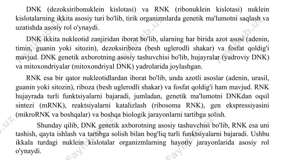 azotli asoslar ketma-ketligidir. dnk va rnk ketma-ketligini tahlil qilish genomlar, transkriptomlar, epigenomlar va genetik axborotning boshqa jihatlarini o'rganish imkonini beradi. proteinlar ketma-ketligi: bu oqsillarni tashkil etuvchi aminokislotalarning ketma-ketligi. protein ketma-ketligini tahlil qilish ularning tuzilishi, funktsiyasi va evolyutsiyasini tushunishga yordam beradi. protein tuzilmaviy ma'lumotlari: bu oqsillarning uch o'lchovli tuzilishi, jumladan atom koordinatalari va molekulyar o'zaro ta'sirlar haqida ma'lumot. protein tuzilmalarini tahlil qilish ularning funktsiyalarini, boshqa molekulalar bilan o'zaro ta'sirini va ta'sir mexanizmlarini tushunishga yordam beradi. gen ifodasi ma'lumotlari: bu turli sharoitlarda va vaqtlarda hujayralar yoki to'qimalarda gen ekspressiyasining miqdoriy darajasi haqida ma'lumot. genlarni ifodalash ma'lumotlarini tahlil qilish biologik jarayonlarni o'rganish, genlarni tartibga solish va turli xil holatlar va kasalliklar uchun biomarkerlarni aniqlash imkonini beradi. metabolomik ma'lumotlar: bu metabolik jarayonlarda ishtirok etadigan metabolitlar, kichik organik molekulalar haqidagi ma'lumotlar. metabolomik ma'lumotlarni tahlil qilish biokimyoviy yo'llarni, metabolik tarmoqlarni va turli sharoitlarda metabolik profil o'zgarishlarini tushunishga yordam beradi. kompyuter algoritmlari va vositalari fanlari asoslari bioinformatika …