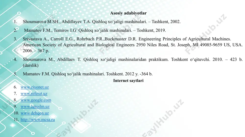 o‘g‘it sepish apparati; 3- tayanch g‘ildirak; 4-5- tuproqni yumshatadigan ish organlar; 6- soshnik; 7- tekislagich; 8- tishli-plankali g‘altak 10 chizel-kultivatorlarni ishga tayyorlash va sozlash. dalaga chiqishdan oldin chizel-kultivator kerakli ish organlari va boronalar bilan jihozlanadi hamda agronom tomonidan belgilangan ishlov berish chuqurligi va o‘g‘it solish me’yorida sozlanadi. o‘t bosmagan dalalarga ishlov berishda chizel-kultivator yumshatkich panjalar, o‘t bosgan dalalarga ishlov berishda esa o‘qyoysimon panjalar bilan jihozlanadi. yerlarga ishlov berish bilan birga o‘g‘itlash ham nazarda tutilgan bo‘lsa, oldingi ikki qatorga yumshatkich panjalar, oxirgi uchinchi qatorga esa o‘g‘it soshniklari bilan jihozlangan o‘qyoysimon panjalar o‘rnatiladi. tuproq yaxshi maydalanishini ta’minlash uchun yumshatkich panjalar pog‘onasimon, ya’ni ikkinchi qatordagi panjalar birinchi qatordagilarga, uchinchi qatordagi panjalar esa ikkinchi qatordagilarga nisbatan 3 santimetr chuqurroqda yuradigan etib sozlanadi. chizel-kultivatorni belgilangan ishlov berish chuqurligiga sozlash gidrosilindr 4 ni tortuvchi vint 3 bo‘ylab ko‘tarish yoki tushirish, belgilangan o‘g‘it solish me’yoriga sozlash esa kmx-65 o‘g‘it solish apparati 6 fiksatorini uning gardishidagi kerakli tirqishga …