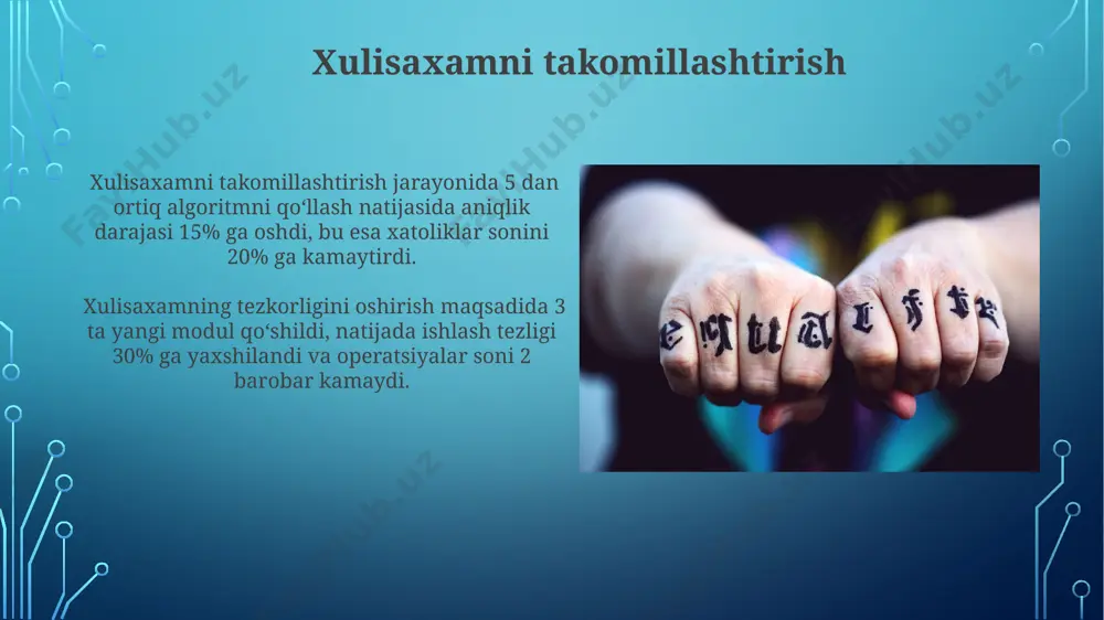 6 dan ortiq maʼlumotlarni qayta ishlashga qodir va natijalarni 0.01 soniyadan kam vaqt ichida beradi. xulisaxam haqida afsonalar xulisaxamning 7 ta qabilasi borligi haqida afsona mavjud bo'lib, har bir qabila o'ziga xos sehr-jodu va 3 ta muqaddas hayvon bilan bog'langan. afsonalarga ko'ra, xulisaxamning markazida 12 ta ulkan daraxt joylashgan bo'lib, ularning har biri 1000 yildan ortiq umr ko'rgan va kosmik energiyani o'ziga tortadi. xulisaxamga oid misollar xulisaxamning 3 ta asosiy komponenti – proteinlar, uglevodlar va lipidlar – ularning nisbati organizmning energiya ehtiyojlariga qarab 1:4:9 boʻlishi mumkin. xulisaxamning terapevtik ta'siri 2-3 haftadan keyin sezila boshlaydi va davolash kursi odatda 6-8 hafta davom etadi. xulisaxam va boshqa tushunchalar xulisaxam va boshqa shunga o'xshash tizimlar (masalan, algoritmik savdo tizimlari) orasidagi asosiy farq, xulisaxamning 256 bitlik shifrlashdan foydalanishi va yuqori darajadagi ma'lumotlar xavfsizligini ta'minlashi hisoblanadi. xulisaxamning ishlash samaradorligi, test natijalariga ko'ra, o'rtacha 1000 ta operatsiyani sekundiga 1,5 millisekund ichida bajara olishini ko'rsatadi, bu esa …