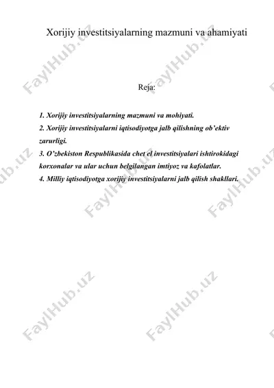 xоrijiy invеstitsiyalarning mazmuni va ahamiyati — DOC