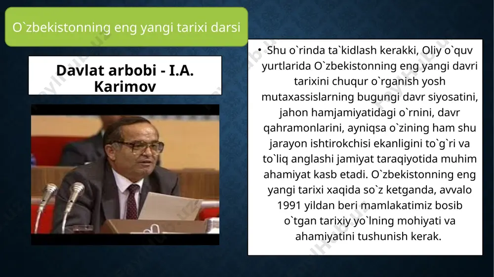 texnologiyasi eskirgan, mahsulotlarning sifati past, ular sotilmasdan omborlarda to’planib qolayotgan edi. o`zbekistonning eng yangi tarixi darsi ma’muriy-buyruqbozlik tizimi, iqtisodiyotga partiyaviy rahbarlik va uning mafkuralashtirilishi iqtisodiyotni isloh qilish yo’lidagi urinishlarni yo’qqa chiqarar edi. ijtimoiy ehtiyojlarga mablag’ ajratishda qoldiq printsipi va taqsimotda tekischilik hukmron edi. bular aholining mehnatga qiziqishi va faolligini susaytirdi, boqimandalik, tayyoriga ayyorlik, ichkilikbozlik, giyohvandlik, chayqovchilik, poraxo’rlik kabi yaramas illatlarni keltirib chiqardi. buyruqbozlik boshqaruv usuli, mamlakatda keng tarqalgan sansolarlik, qog’ozbozlik, majlisbozlik illatlari iqtisodiyotning o’z qonunlari va vositalari asosida rivojlanishiga to’sqinlik qilmoqda edi. o`zbekistonning eng yangi tarixi darsi odamlar mulkdan begonalashtirilgan, shu tufayli loqayd, sust, beparvo edilar, «xo’p-xo’p», «bajaramiz» deyishga o’rgangan oddiy ishtirokchilarga aylantirilgan edi. huquq va qonuniylik puturdan ketgan edi. huquq va qonuniylik puturdan ketgan edi. xo’jalikni boshqarishda 200 mingtacha turli buyruqlar, yo’l-yo’riq va ko’rsatmalar beruvchi qonunsimon hujjatlar hukmron bo’lib, ular xo’jalik xodimlarining har bir qadamini nazorat qilib, tashabbuskorlikni bo’g’ar edi. oddiy korxonadan tumangacha, viloyatdan respublikagacha, respublikadan markazgacha haqiqiy ahvolni …