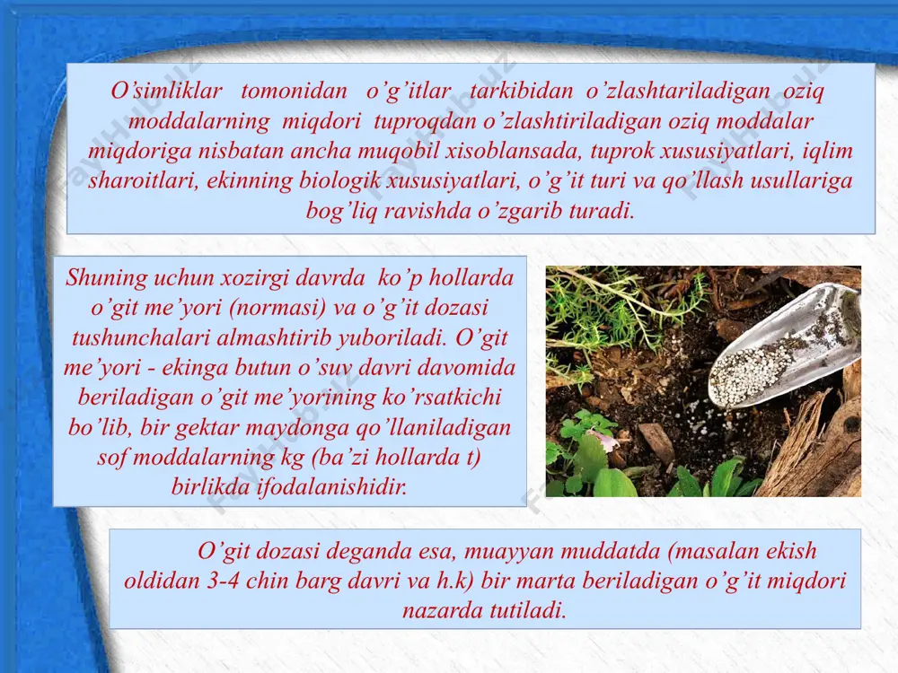 yot kafolatlari. t. o’zbekiston, 1997 y 1998 -2000 yillar davrida qishlok xo’jaligida iqtisodiy isloxotlarni chuqurlashtirish dasturi. t. shark 1998 yagodin b.a. agroximiya. m. agropromizdat 1989 b .s.musayev«o’git qo’llash tilimi» o’quv qo‘llanma. t:, 1998 musayev b.s. agrokimyo t shark 2001 www.ziyonet.uz image9.jpeg image10.jpeg image11.jpeg image12.jpeg image13.jpeg image14.jpeg image1.jpeg image2.jpeg image3.jpeg image4.jpeg image5.jpeg image6.jpeg image7.jpeg image8.jpeg