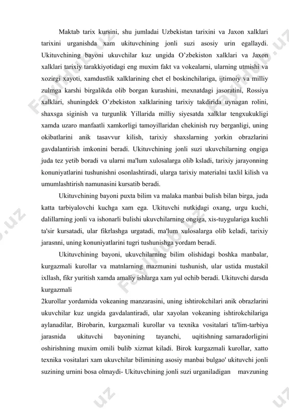 amda amaliy ishlarga xam yul ochib beradi. ukituvchi darsda kurgazmali 2kurollar yordamida vokeaning manzarasini, uning ishtirokchilari anik obrazlarini ukuvchilar kuz ungida gavdalantiradi, ular xayolan vokeaning ishtirokchilariga aylanadilar, birobarin, kurgazmali kurollar va texnika vositalari ta'lim-tarbiya jarasnida ukituvchi bayonining tayanchi, uqitishning samaradorligini oshirishning muxim omili bulib xizmat kiladi. birok kurgazmali kurollar, xatto texnika vositalari xam ukuvchilar bilimining asosiy manbai bulgao' ukituvchi jonli suzining urnini bosa olmaydi- ukituvchining jonli suzi urganiladigan mavzuning maksadi, ta'lim-tarbiya va rivojlantirish vazifalari, mazmuni xamda sinf ukuvchilariping umumiy tayyorgarligiga karab monolog yoki dislog, kiskacha bayonyoki xikoya shaklida, tavsifnoma berish, tushuntirish, muxokama yuritish, maktab ma'ruzasi va boshka shakllarda amalga oshiriladi. muammoli bayon, ukuvchilar oldiga kuyiladigan savollar yoki topshiriklar ularni mustakil izlanishga undovchi muammoni vujudga keltiradi. ular shu muammoni xal kilish uchun mustakil ravishda faol mushoxada kilishga, ijodiy fikr yuritishga majbur buladilar. muammoli ogzaki bayon yoki muammoli ukitipshipg afzalligi shundaki, bunda ukuvchilarning urganilayotgan yangi materialni va undan kelib chikadigan xulosalarni tayor …