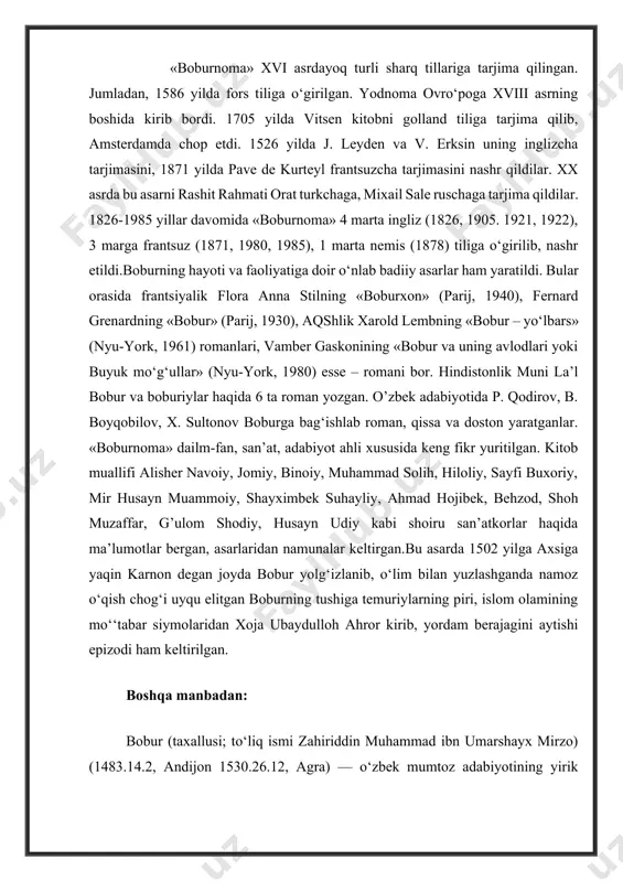 yirik vakili: buyuk shoir; tarixchi, geograf; davlat arbobi, iste’dodli sarkarda; boburiylar sulolasi asoschisi, temuriy shahzoda. boburning otasi — umarshayx mirzo farg‘ona viloyati hokimi, onasi — qutlug‘ nigorxonim mo‘g‘uliston xoni va toshkent hokimi yunusxonning qizi edi. boburning onasi o‘qimishli va oqila ayol bo‘lib, boburga hokimiyatni boshqarish ishlarida faol ko‘mak bergan, harbiy yurishlarida unga hamrohlik qilgan. umarshayx mirzo xonadoni poytaxt andijonning arki ichida yashar edi. hokim yoz oylari sirdaryo bo‘yida, axsida, yilning qolgan faslini andijonda o‘tkazardi. boburning yoshligi andijonda o‘tgan. bobur barcha temuriy shahzodalar kabi maxsus tarbiyachilar, yirik fozilu ulamolar ustozligida harbiy ta’lim, fiqh ilmi, arab va fors tillarini o‘rganadi, ko‘plab tarixiy va adabiy asarlar mutolaa qiladi, ilm-fanga, she’riyatga qiziqa boshlaydi. dovyurakligi va jasurligi uchun u yoshligidan «bobur» («sher») laqabini oladi. bobur otasi yo‘lidan borib, mashhur sufiy — xoja ahrorga ixlos qo‘yadi va uning tariqati ruhida voyaga yetadi, umrining oxiriga qadar shu e’tiqodga sodiq qoladi. keyinchalik, «boburnoma» asarida bobur xoja ahror ruhi …