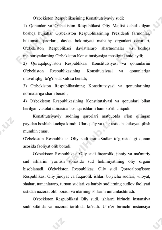 uqiga egadir. viloyat sudi maqomiga tenglash-tirilgan o'zbekiston respublikasi harbiy sudi harbiy sudlar tizimida o'rta bo'g'in hisoblanadi. harbiy sud tizimida eng yuqori sud instansiyasi o'zbekis​ton respublikasi oliy sudi bo'lib, uning tarkibiga harbiy hay'at kiradi. harbiy sudlar o'zbekiston respublikasi mudofaa vazirligining, milliy xavfsizlik xizmatining, favqulodda vaziyatlar vazirligining, ichki ishlar vazirligi qo'shinlarining va qonun hujjatlariga muvofiq tashkil etiladigan boshqa harbiy tuzilmalarning, shuningdek, o'quv yig'inlarida bo'lgan vaqtda harbiy xizmatga majburlar va harbiy xizmatchilar tomonidan sodir etilgan jinoyatlar to'g'risidagi ishlarni; harbiy qismlar, qo'shilmalar va birlashmalar, harbiy boshqaruv organlarining qo'mondonligiga nisbatan harbiy xizmatchilarning da'volari bo'yicha fuqarolik ishlarini va harbiy boshqaruv organlari hamda harbiy mansabdor shaxslarning, harbiy xizmatchilar​ning huquq va erkinliklarini buzuvchi xatti-harakatlari (qaror-lari) ustidan shikoyatlarni; alohida holatlarga ko'ra umumiy yuristdiksiya sudlari faoliyat ko'rsatmayotgan joylarda hamma fuqarolik va jinoyat ishlarini; davlat sirlariga taalluqli ishlarni ko'radi. o'zbekiston respublikasi o'z mustaqilligiga erishgach, iqtisodiyot va xo'jalik sohasida yuzaga keladigan muammolarni hal etish uchun xo'ja​lik sudlari joriy etildi. xo'jalik sud​lari «sudlar …