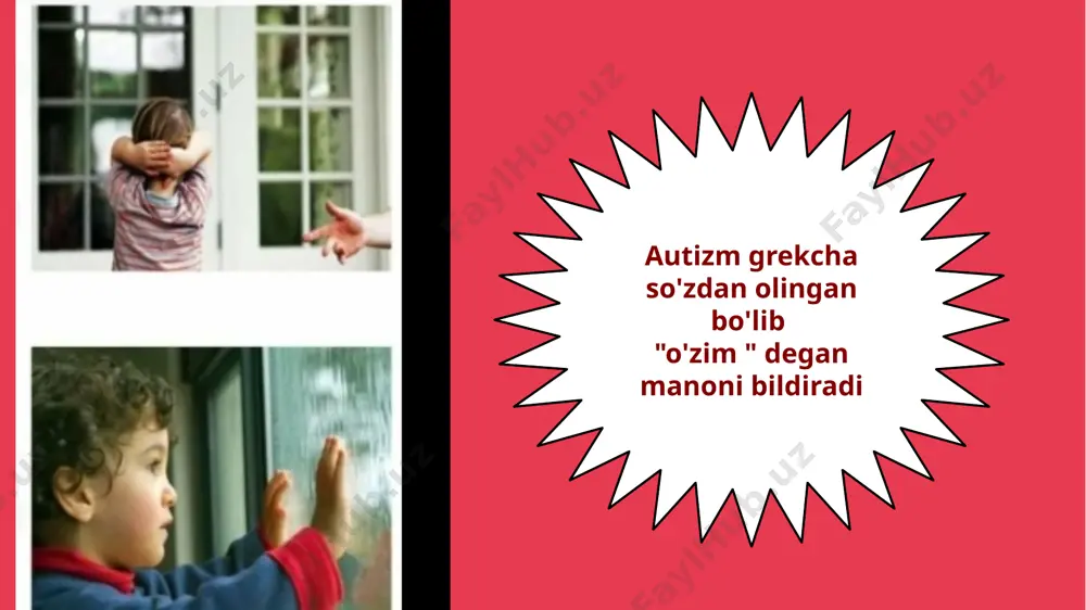 atipik autizm — bu miya rivojlanishining buzilishi natijasida yuzaga keladigan umumiy rivojlanish buzilishi va ijtimoiy oʻzaro taʼsir va aloqada sezilarli va keng tarqalgan nuqsonlar, shuningdek cheklangan qiziqishlar va takrorlanadigan faoliyat bilan tavsiflanadi. u bolalik autizmidan yoki kechroq paydo boʻlishi (6 yoshdan keyin) yoki asosiy diagnostika mezonlaridan kamida bittasi yoʻqligi (stereotipiya, aloqa buzilishi) bilan farq qiladi. umuman olganda, atipik autizm bolalik autizmidan boshlangʻich yoshi yoki simptomologiyasi bilan farq qiladi. koʻpincha ogʻir aqliy zaif bolalarda va retseptiv nutqni rivojlantirishda ogʻir oʻziga xos buzilishlarga ega boʻlgan shaxslarda uchraydi. atipik autizmda autizm uchun barcha standart diagnostika mezonlarining yoʻqligi, bolalik autizmi tashxisi uchun zarur boʻlgan oʻziga xos deviant xatti-harakatlarning namoyon boʻlish imkoniyatini kamaytiradigan past darajadagi faoliyat bilan izohlanishi mumkin. part 04 enter your title here autizm . bolada tashqi dunyo bilan hissiy aloqa o'rnatish qiyin. o'zining hissiy holatini ifodalash va boshqa odamlarni tushunish muammoli bo'ladi. ko'z bilan aloqa o'rnatishda, imo-ishoralar, yuz ifodalari, intonatsiyalar yordamida odamlar …