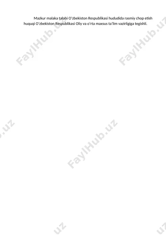 kvalifikatsiyalarni qayta o‘zlashtirishga ruxsat beriladi va mazkur kvalifikatsiyani muvaffaqiyatli o‘zlashtirganlarga belgilangan tartibda sertifikat beriladi. 2.2. ruhiy-fiziologik fazilatlar minimumi: kuzatuvchanlik, diqqatni bir joyga qaratish, fikrni jamlash, qo‘l-oyoq harakatini jarayonga moslashtirish, har tomonlama tez fikrlash va faraz qilish, yorug‘likni sezish, faol va tez xotirlash, harakat xotirasi va moslashuvchanlik. 2.3. ta’limni davom ettirish imkoniyatlari. 40711402-avtomobillarga gaz ballonlarni o‘rnatish kasbi bitiruvchisi keyinchalik kasbiy ta’limini chuqurlashtirish maqsadida: · kadrlar malakasini oshirish tizimida, tarmoq o‘quv muassasalarida va maxsus kurslarida malakani oshirishi; · kasbiy faoliyatning tegishli sohasida yanada yuqoriroq malakaga erishish maqsadida oliy ta’lim muassasasida o‘qishni davom ettirishi mumkin. 2.4. o‘qishga qabul shartlari. o‘qishga qabul shartlari amaldagi qonunchilik asosida amalga oshiriladi. 3. bitiruvchilarning kasbiy faoliyati tavsifi 3.1. bitiruvchining kasbiy faoliyat sohasi: barcha turdagi yengil va yuk avtomobil transportiga gaz ballonlarni o‘rnatishni, ularga servis xizmat ko‘rsatish, ta’mirlash hamda o‘rnatish ishlarini mehnat muhofazasi qoidalariga amal qilgan holda bajarish. 3.1. bitiruvchining kasbiy faoliyat obyektlari: 1. 3.1.1. gaz ballonlarni o‘rnatish bo‘yicha …