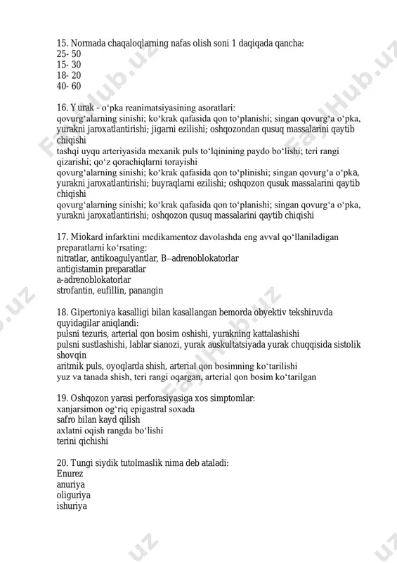ning oʻtkazilmaydigan holatlar: maxsus jiton boʻlganlar; koʻkrak qafasi singanda; diniy tomondan ruxsat bermaganda; hayotiy nomunosib jaroxatlarda qovurgʻalarning sinishida; koʻkrak qafasida qon toʻplanishida; jigarni ezilishida qovurgʻalarning sinishida; koʻkrak qafasida qon toʻplanishida; singan qovurgʻa oʻpka, yurakni jaroxatlantirishida koʻkrak qafasi singanda; singan qovurgʻa oʻpka, yurakni jaroxatlantirishida; jigarni ezilishida 23. qon ketishini toʻxtatish usullari farqlanadi: vaqtincha va uzil-kesil fizik, kimyoviy mexanik, biologik ishonchli, ishonchsiz 24. qon ketishining ogʻir aʼsoratini aniqlang: gemorragik shok xushdan ketish emboliya pnevmotoraks 25. qaysi kasalliklarda qon ivishi sekinlashadi: gemofiliya, nur kasalligi, geparinni koʻp dozada yuborish verlgof kasalligi, oshqozon yara kasalligi, ateroskleroz mellori-veys sindromi, geparinni koʻp dozada yuborishi vitamin k-ning normadan oshishi, nur kasalligi, gemofiliya 26. oʻpkadan qon ketish belgilari: yoʻtal bilan bogʻlik boʻlgan qizil rangdagi koʻpiksimon qon eritrositlar va arterial qon bosimni tushib ketishi, melena “kofe rangi"dagi qusish, yoʻtal bilan bogʻlik boʻlishi “kofe rangi"dagi qusish, qonning qizil rangda boʻlishi 27. oʻtkir siydik tutilishida shoshilinch yordam: kateter qoʻyish ogʻriqsizlantirish issiq grelka …
