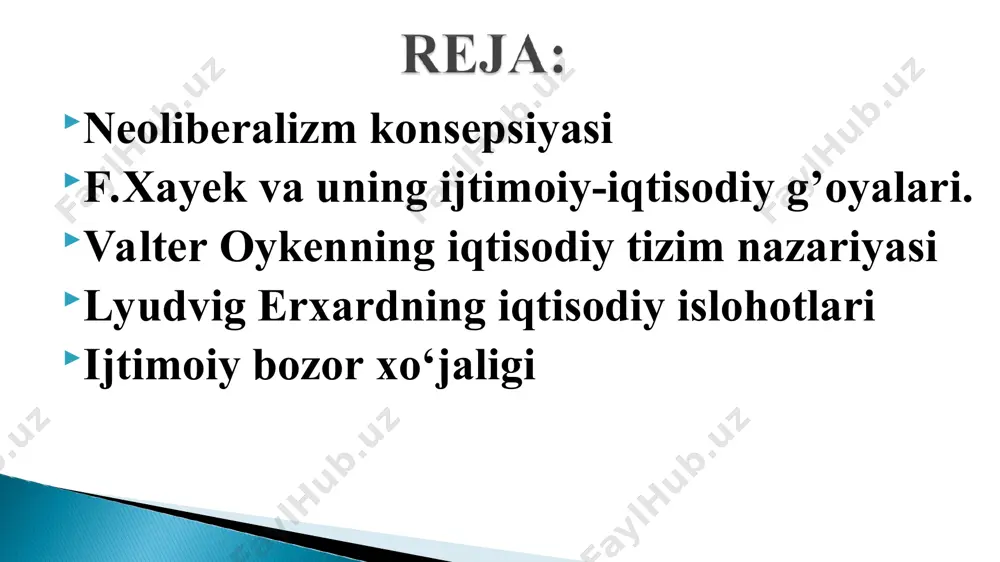 vlat monopoliyasi erkin jamiyat uchun zararli, nagaki hukumat bunday monopoliya yordamida o’z fuqarolari hisobiga davlat muammolarini yechishga urinadi. xx asrning 30-yillari germaniyada vujudga kelgan neoliberalizm yo‘nalishi asoschilaridan biri valter oyken hisoblanadi asosiy asari “milliy iqtisodiyot asoslari” (1947 y) markazlashgan iqtisodiyotda ko‘rsatmalar yuqoridan beriladi, erkin bozor xo‘jaligida hech kim o‘z amrini o‘tkazmaydi; xalq qancha madaniylashgan bo‘lsa, u shuncha markazlashmagan iqtisodiyotni tanlaydi. iqtisodiy siyosat sohsida ikki yo‘nalish – tartib siyosati va tartiblab turish siyosati ajratib ko‘rsatib beriladi: birinchisi iqtisodiy tartib va uning shakllarini shakllantiradi va takomillashtiradi, ikkinchisi iqtisodiy o‘sish va rivojlanish jarayoniga ta’sir ko‘rsatadi. xo‘jalik tizimlarining ikki turi tajribada hech qachon sof holda uchramaydi, ular muayyan sintezlashgan ko‘rinishda nomoyon bo‘ladi. xo‘jalik faoliyatining barcha turlari ikkita – markaziy boshqaruv yoki erkin bozor xo‘jaligi –tizimlarida amal qiladi. asosiy g‘oyalari ijtimoiy bozor xo‘jaligi atamasini birinchi bor kyoln universiteti qoshidagi iqtisodiy siyosat instituti direktori alfred myuller - armak ilmiy oborotga kiritdi. ijtimoiy bozor xo‘jaligi modelining keng …