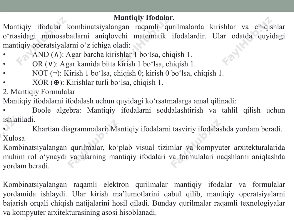 signal ko‘rinishida berilgan axborotlarni talab etilgan holda o‘zgartirishga mo‘ljallangan. unda o‘zgaruvchan signal sathi faqat ikkita qiymat olishi mumkin. agar ris ta’rifiga uning asosiy vazifasini kiritsak, u holda, ta’rif quyidagicha bo‘ladi: raqamli integral sxema - elektroradiomateriallar va kompo- nentalardan iborat bo‘lib, u ikkilik sanoq tizimda berilgan ma’lum x ko‘phadni oldindan berilgan ikkilik sanoq tizimidagi ma’lum y ko‘phadga o‘zgartiradi. ris elektroradiomateriali deb, rlsning shunday qismiga aytiladi- ki, u oddiy elektroradio zanjirlardagi diskret elementlar xossalariga ega bo‘lib, ris tarkibidan alohida element sifatida olib tashlab bo‘lmaydi. yarimo‘tkazgichli ris elektroradiomateriallari bo‘lib yarimo‘tkazgich hajmida yoki sirtida shakllangan rezistorlar, kondensatorlar, induktiv- liklar, diodlar va tranzistorlar hisoblanadi. ris elektroradiokomponenti deb, risning shunday qismiga ayti- ladi-ki, u bir yoki bir nechta elektroradioelementlar funksiyasini amalga oshiradi, lekin ris tarkibidan alohida element sifatida olib tashlanishi mumkin va montajgacha mustaqil mahsulot hisoblanadi. tranzistorlar, keramik kondensatorlar va gibrid imslarning boshqa osma elementlari elektroradiokomponentlarga misol bo‘la oladi. mantiqiy elementlardan foydalanib kombinatsion sxemalar. avtomatlar nazariyasida …